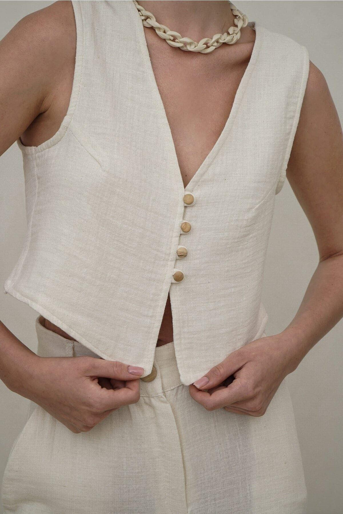 Bohemai Clover Beige Muslin Vest-Trousers Set