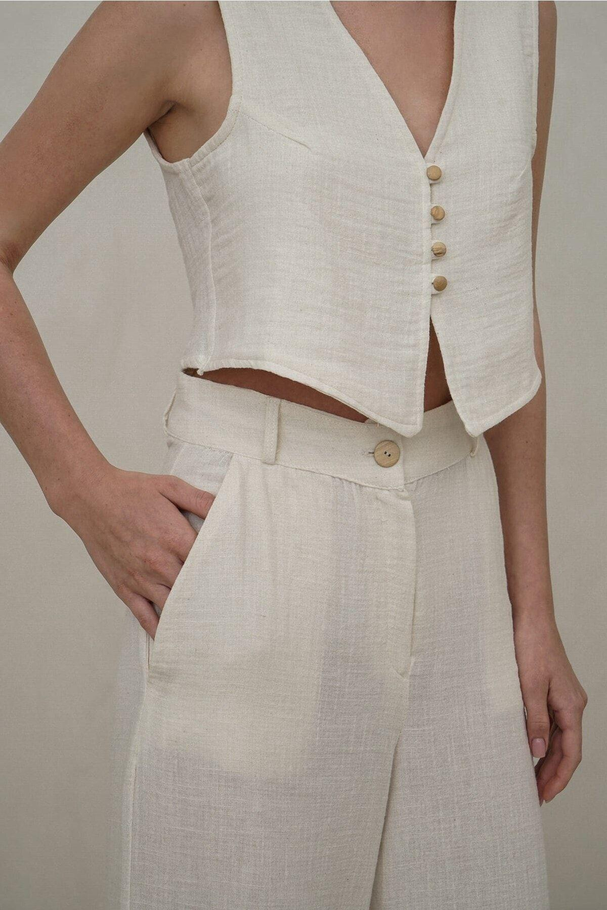 Bohemai Clover Beige Muslin Vest-Trousers Set