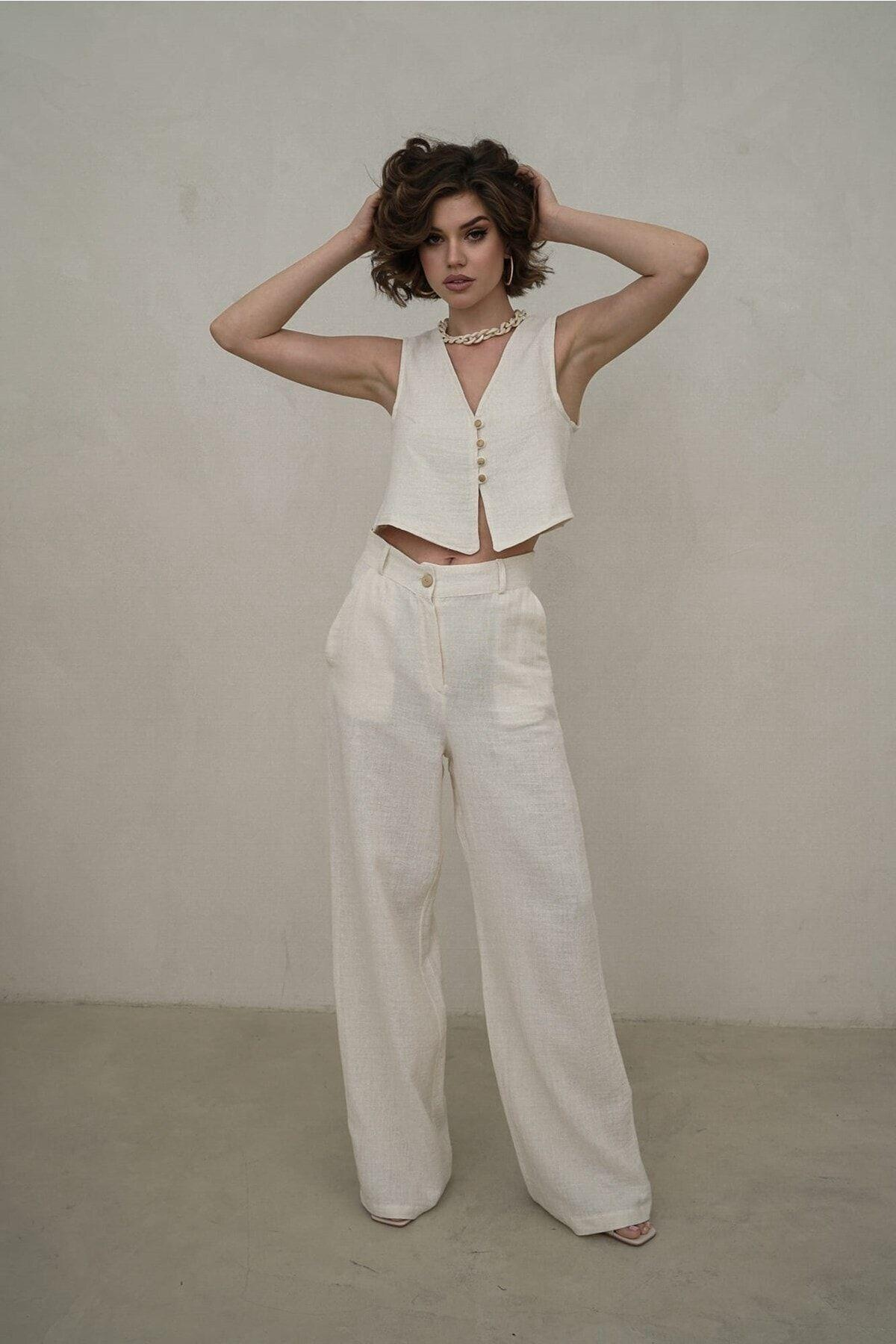 Bohemai Clover Beige Muslin Vest-Trousers Set