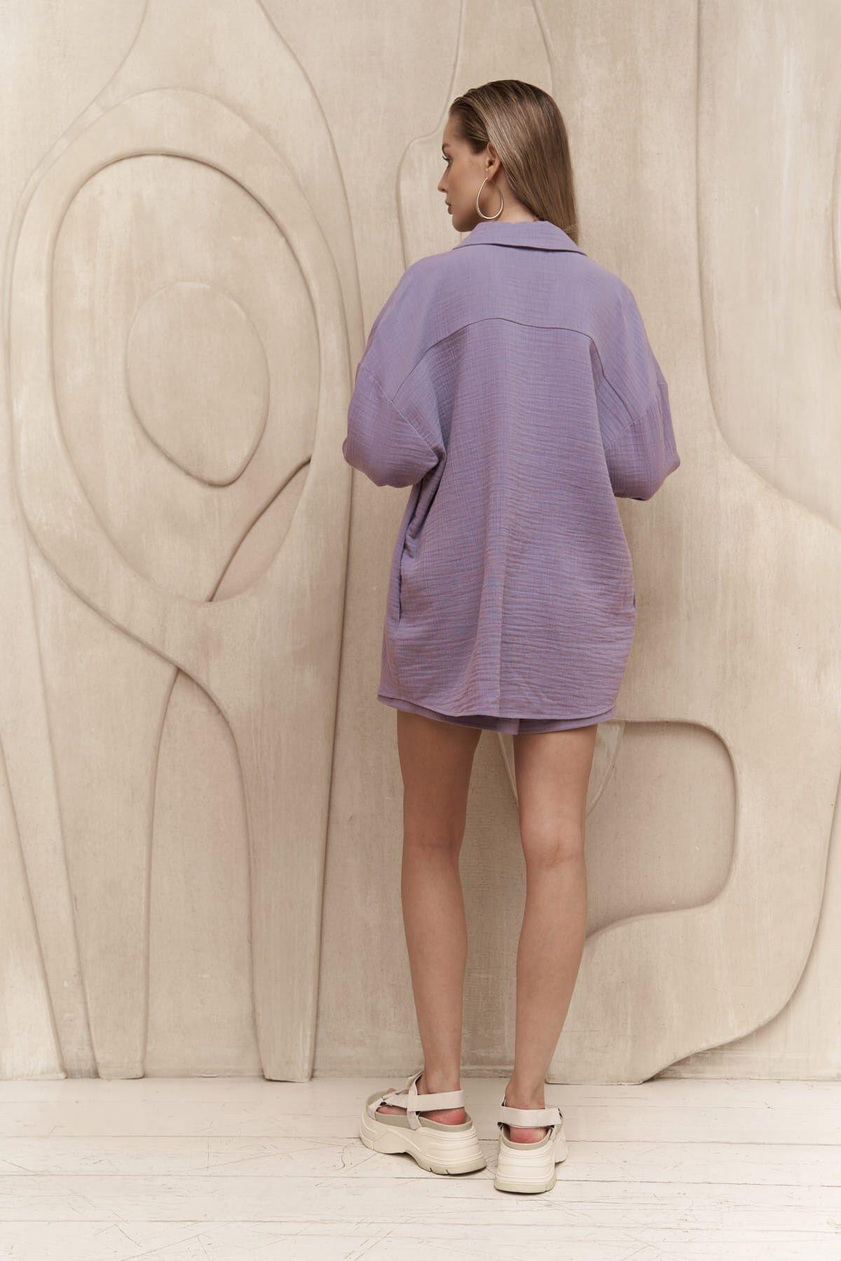 Cosmos Lilac Muslin Shirt&Shorts Set