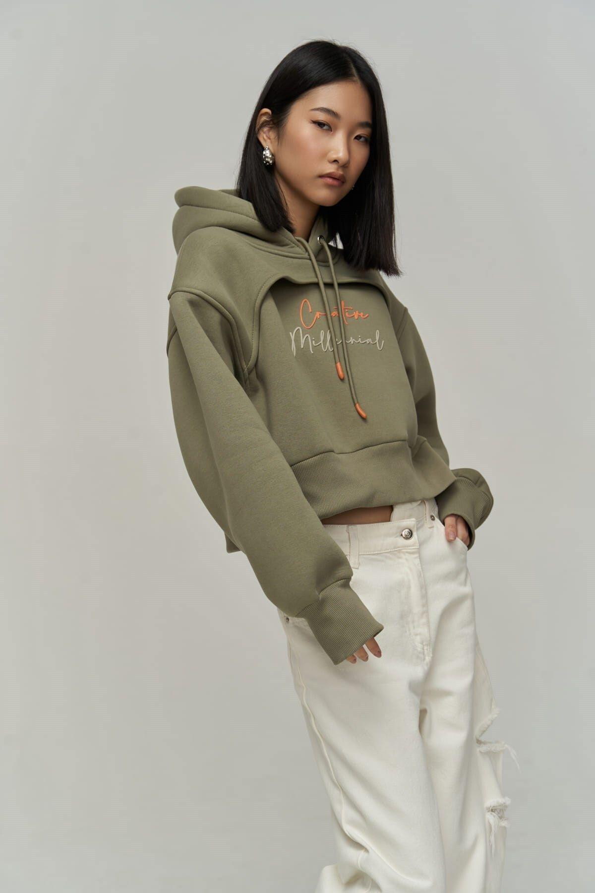 Creative Soft Khaki Crop Sweatshirt