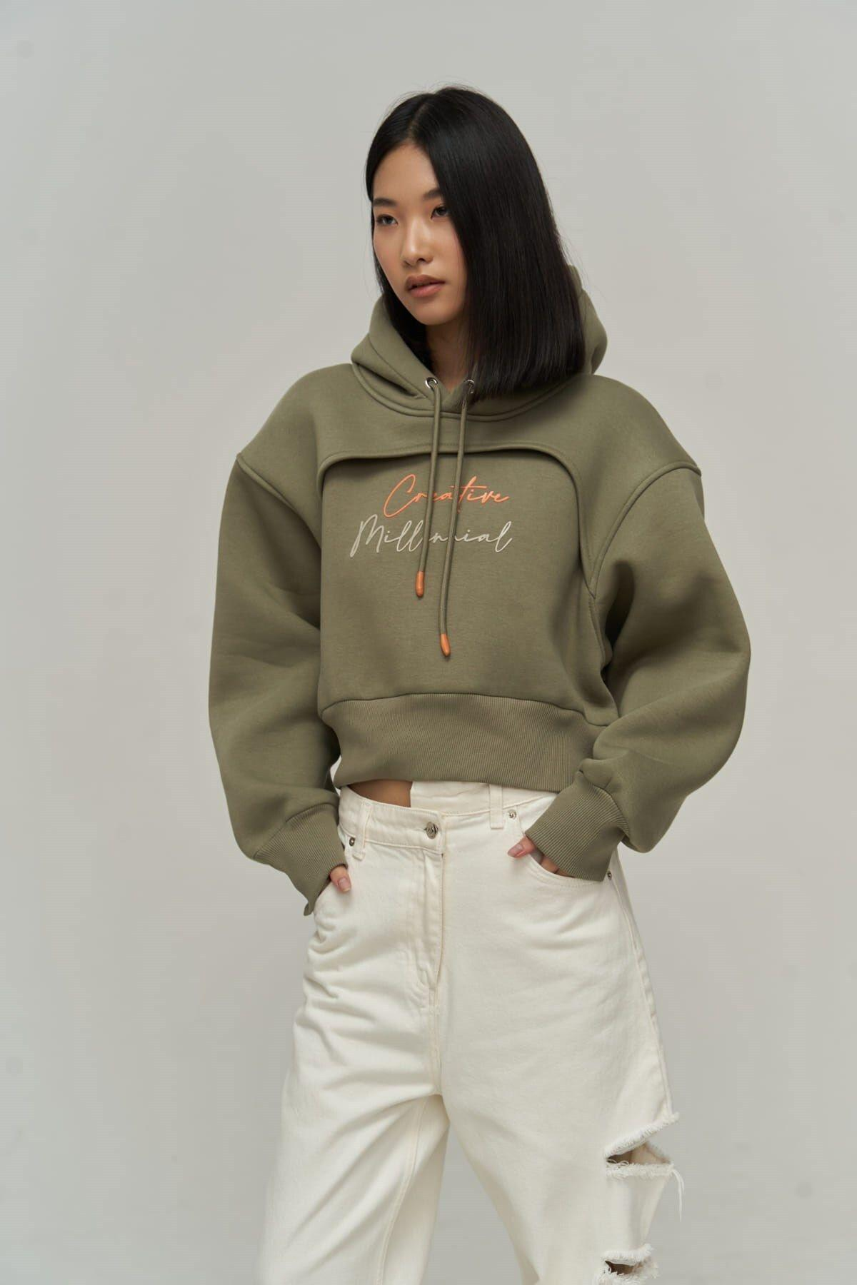 Creative Soft Khaki Crop Sweatshirt