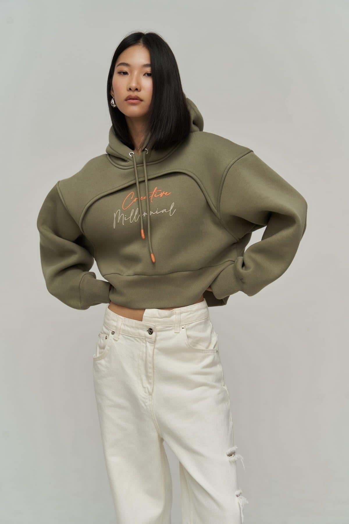 Creative Soft Khaki Crop Sweatshirt