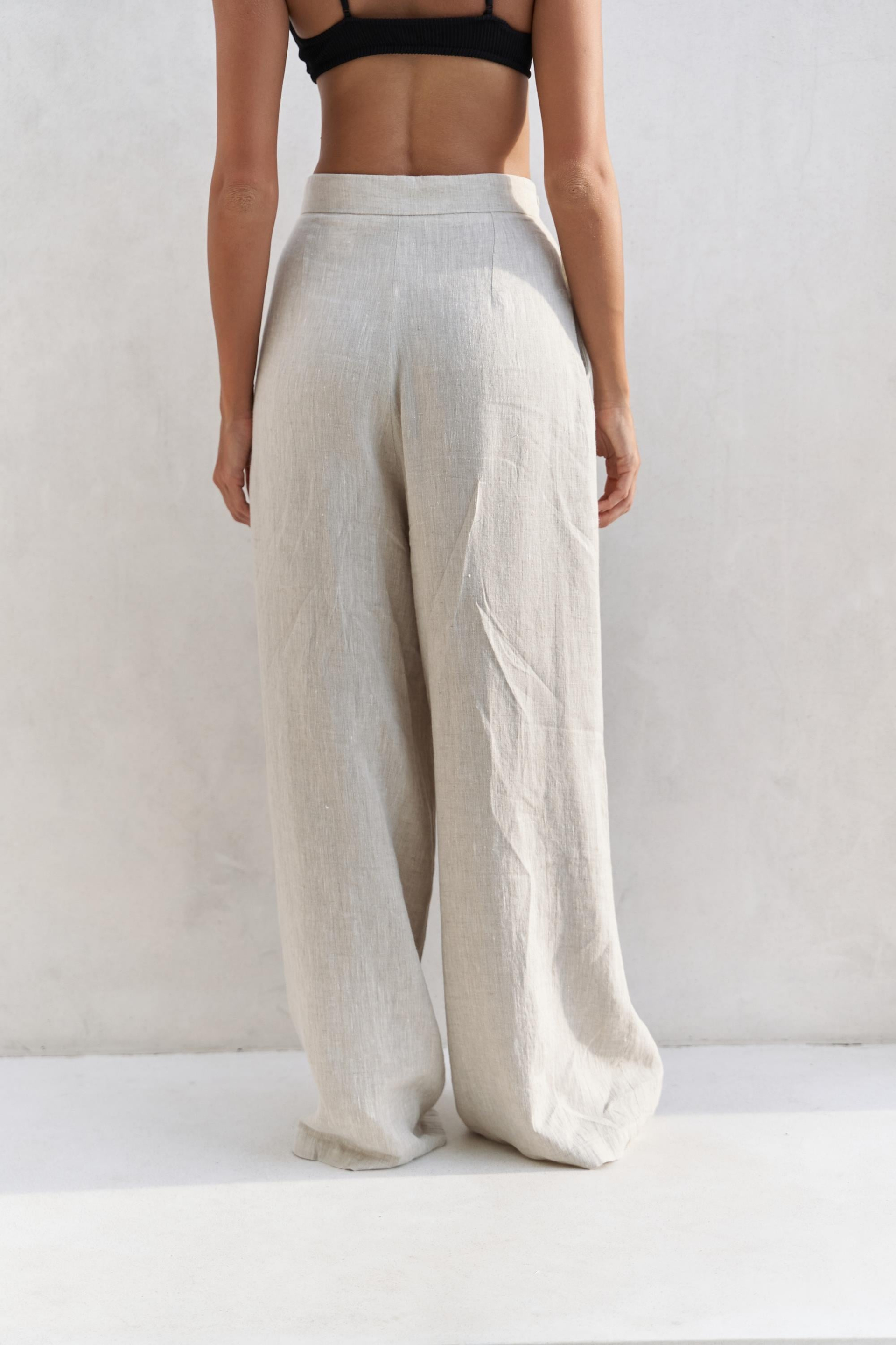 Dapper İp Detay Keten Palazzo Naturel Pantolon