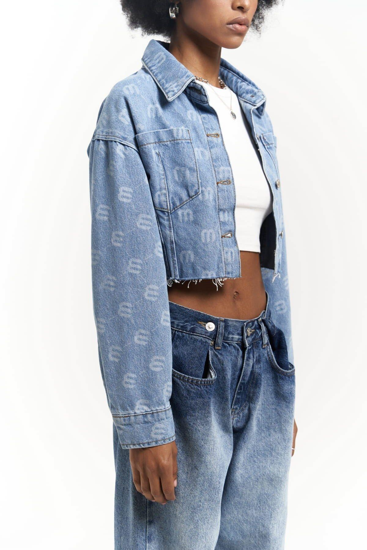 Darcey M Baskı Mavi Kısa Jean Ceket