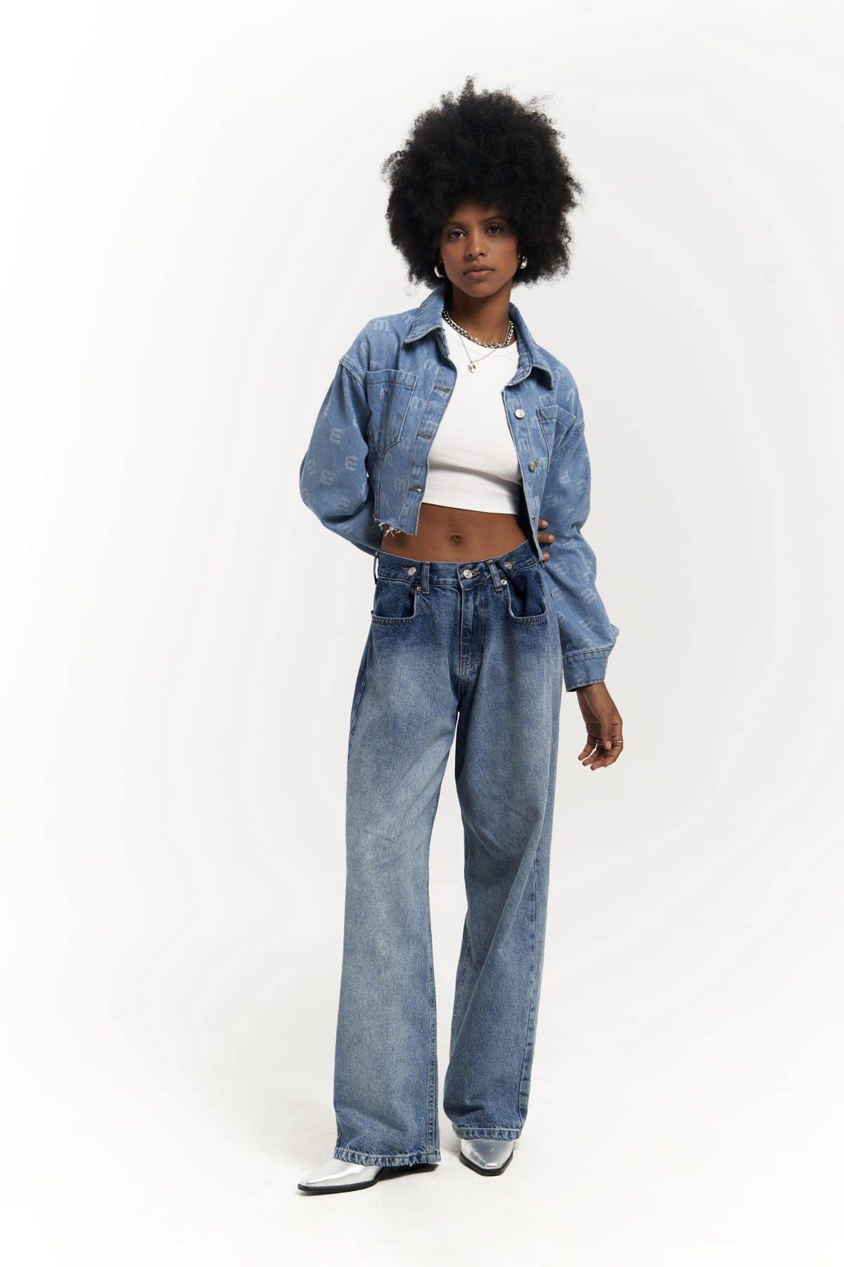 Darcey M Baskı Mavi Kısa Jean Ceket