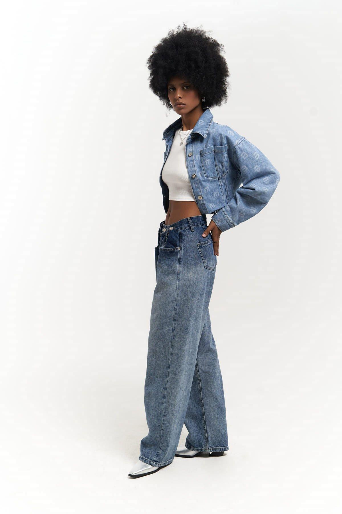 Darcey M Baskı Mavi Kısa Jean Ceket