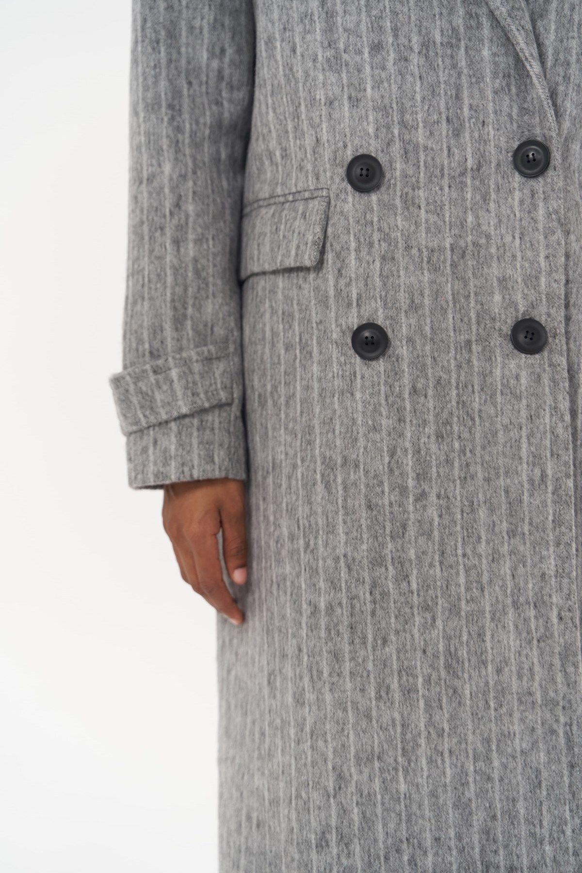 Darrel Belted Striped Smoke Gray Long Coat