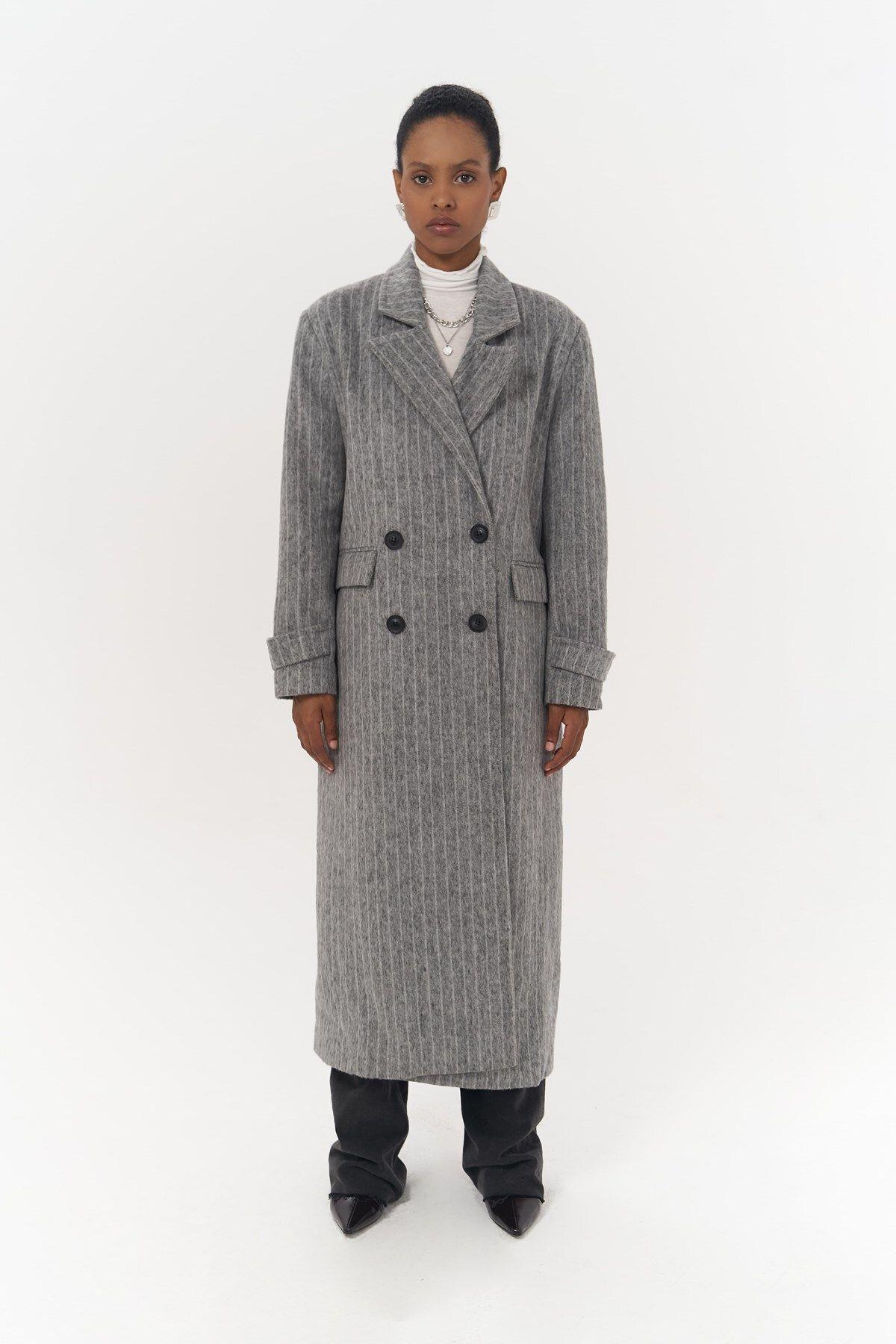 Darrel Belted Striped Smoke Gray Long Coat