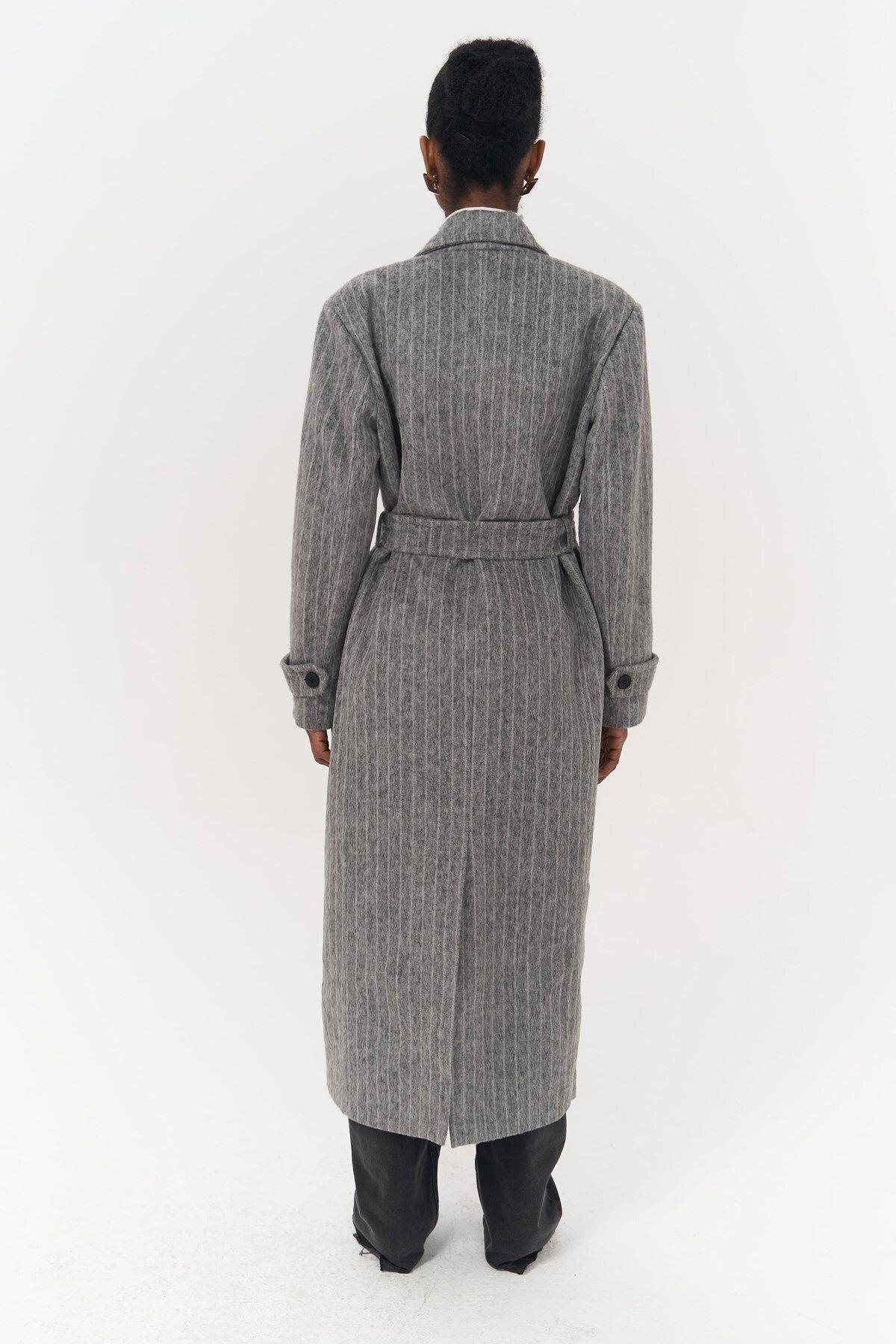 Darrel Belted Striped Smoke Gray Long Coat