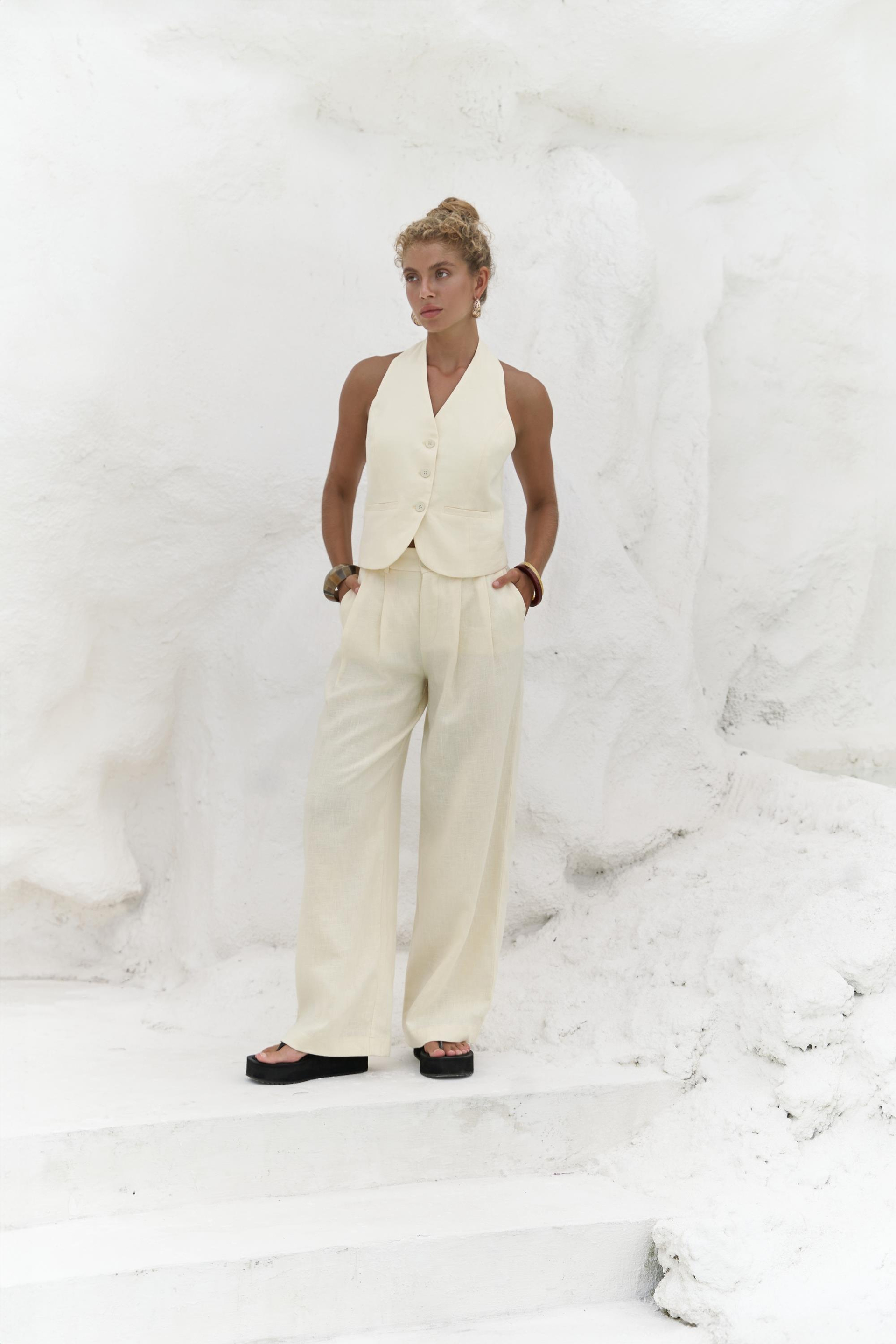 Dena Sırt Dekolteli Sarı Keten Yelek Pantolon Takım