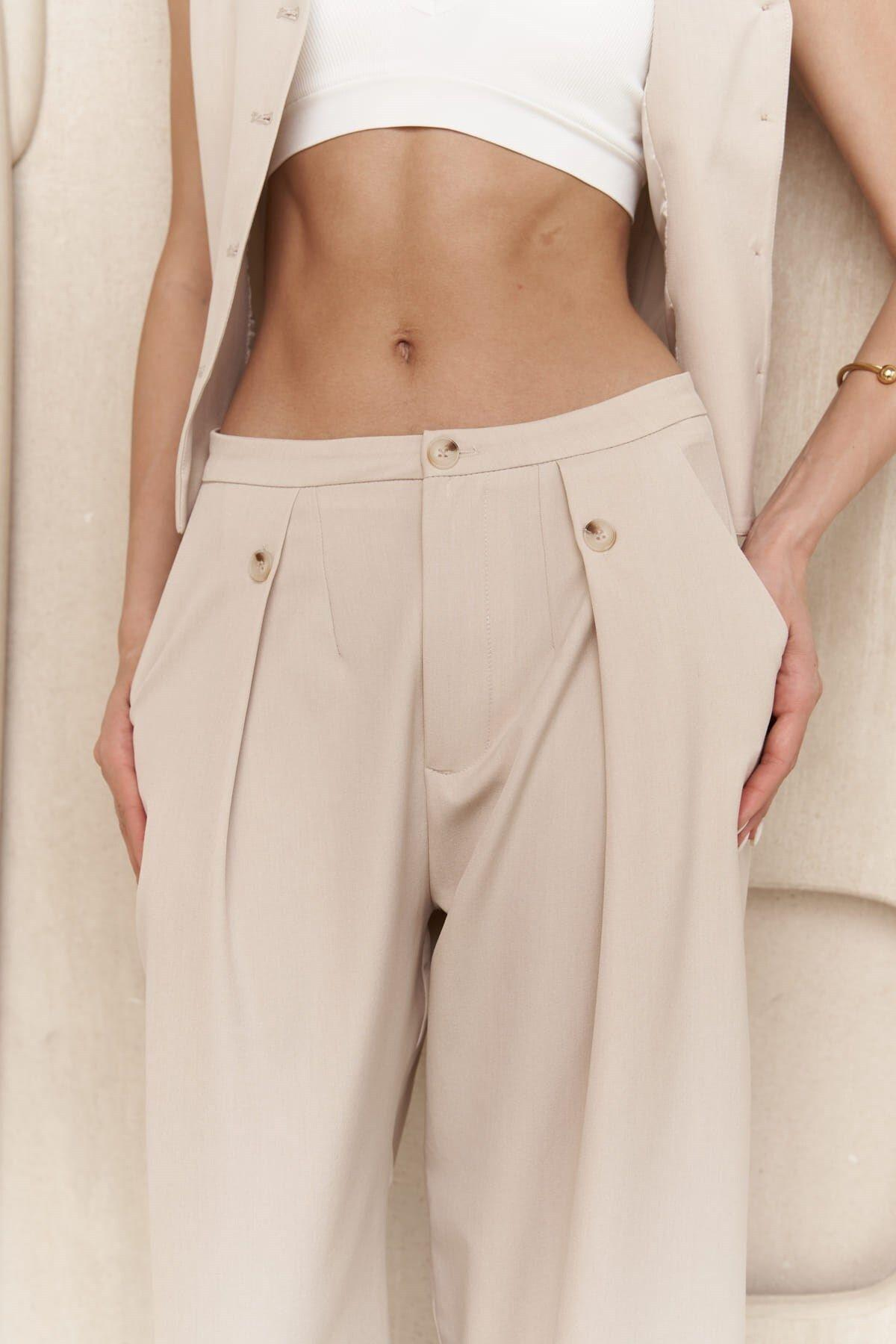 Diaz Light Beige Trousers with Button Detail