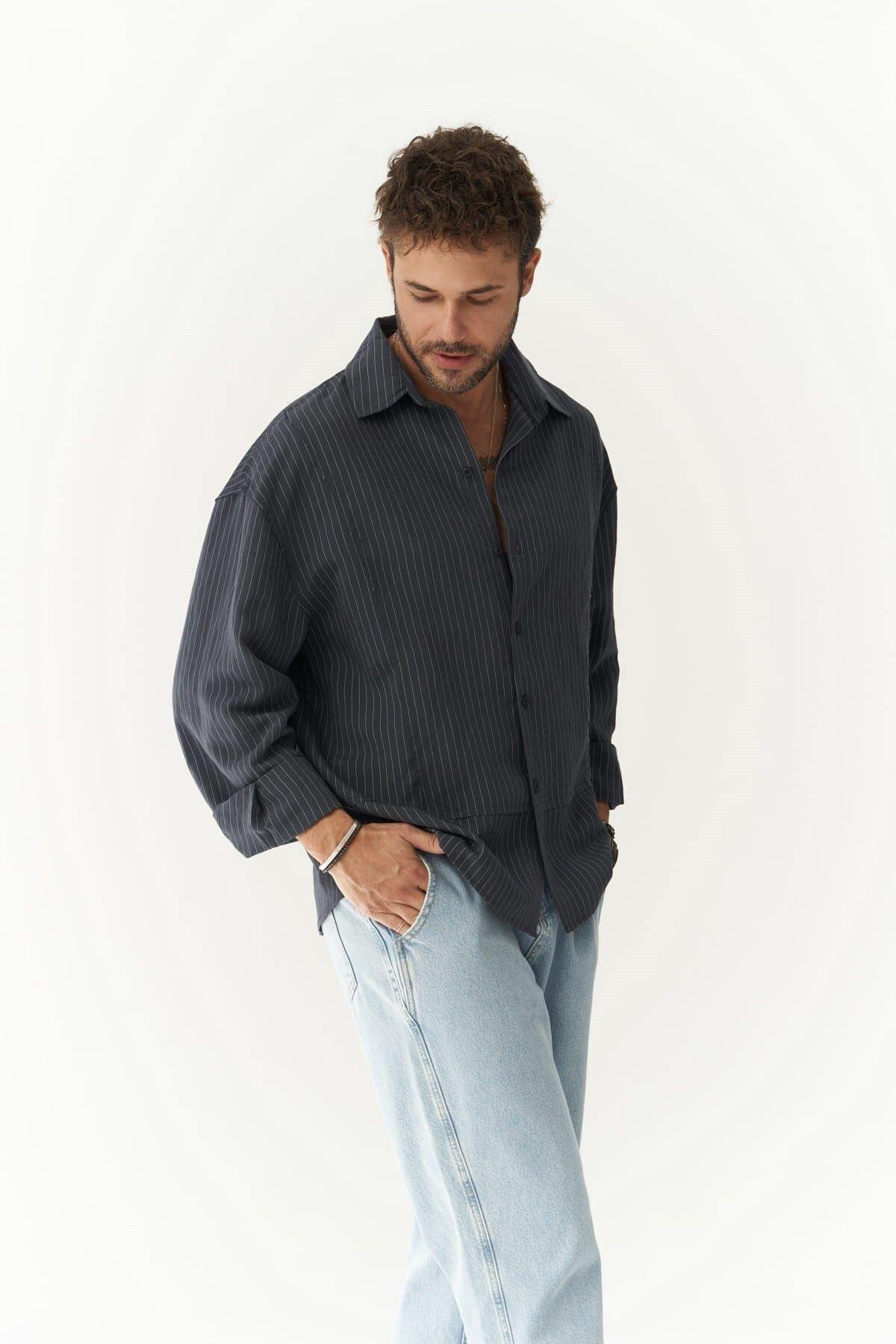 Dylan Men's Dark Blue Shirt With White Stripes   