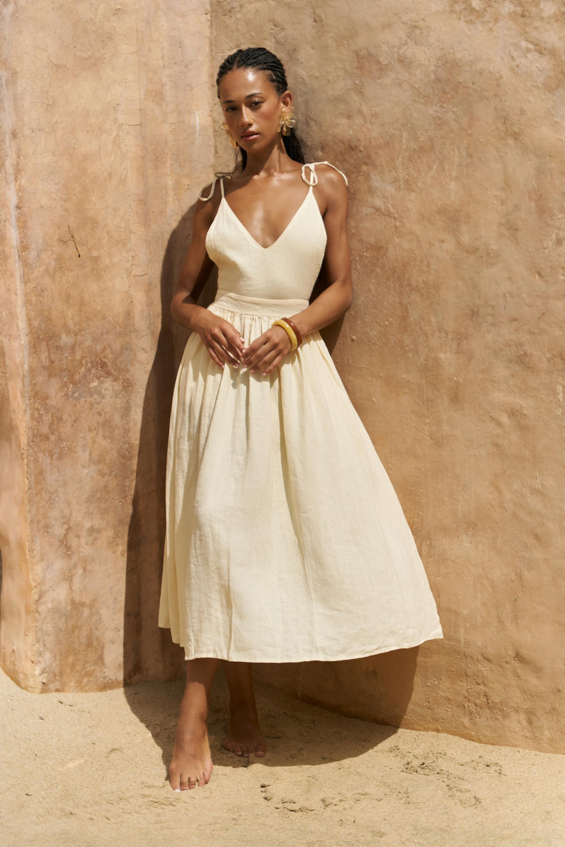 Eara Askılı Sarı Uzun Keten Elbise