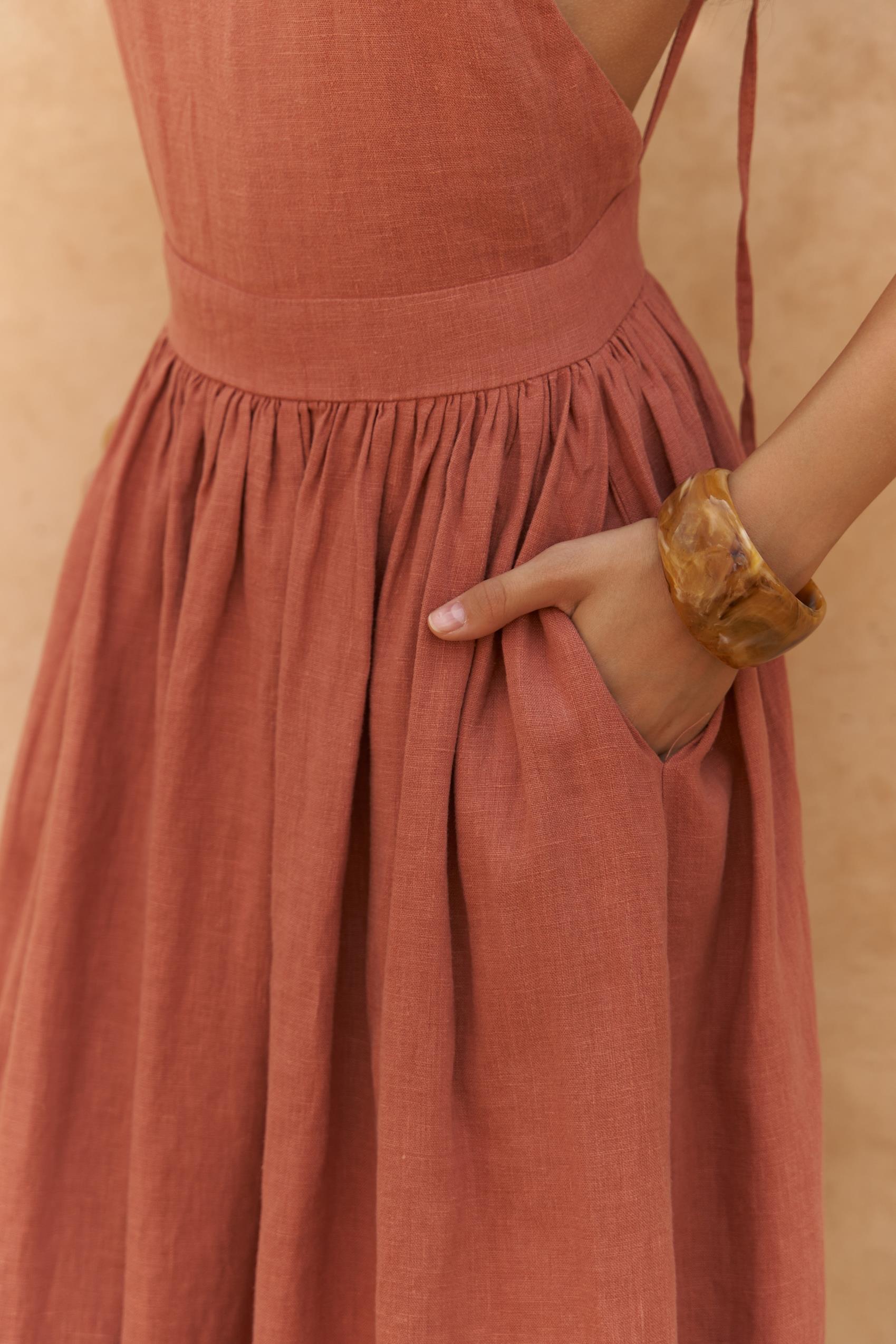 Eara Askılı Tarçın Uzun Keten Elbise