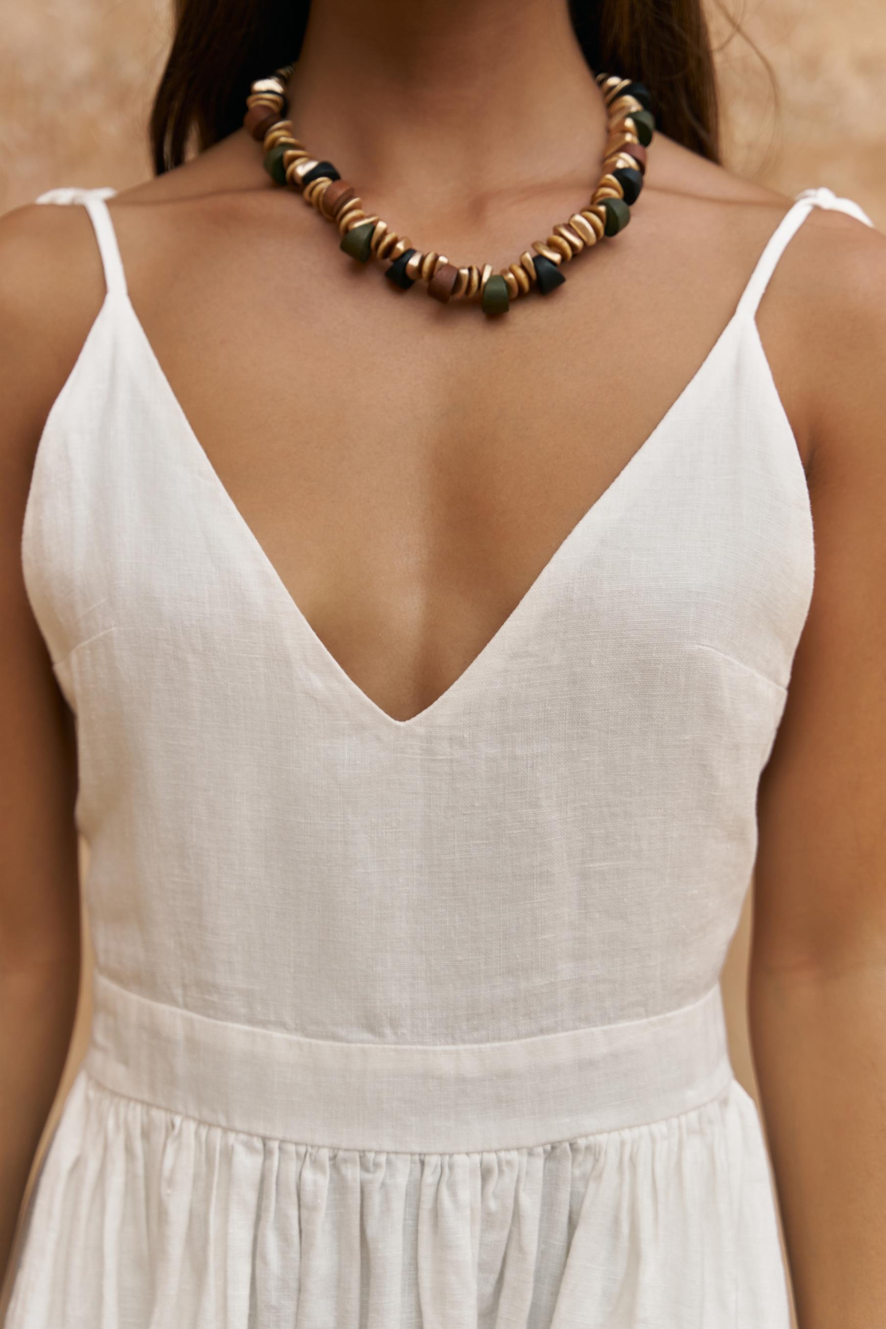 Eara Askılı Uzun Beyaz Keten Elbise