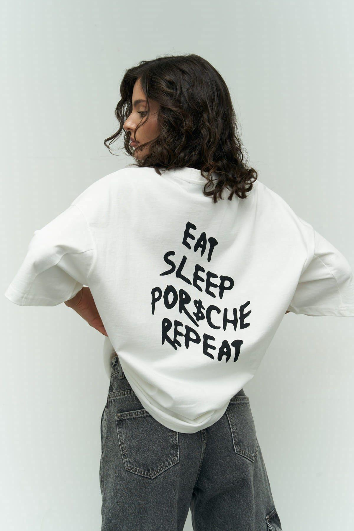 Eat Sleep Beyaz Oversize T-Shirt
