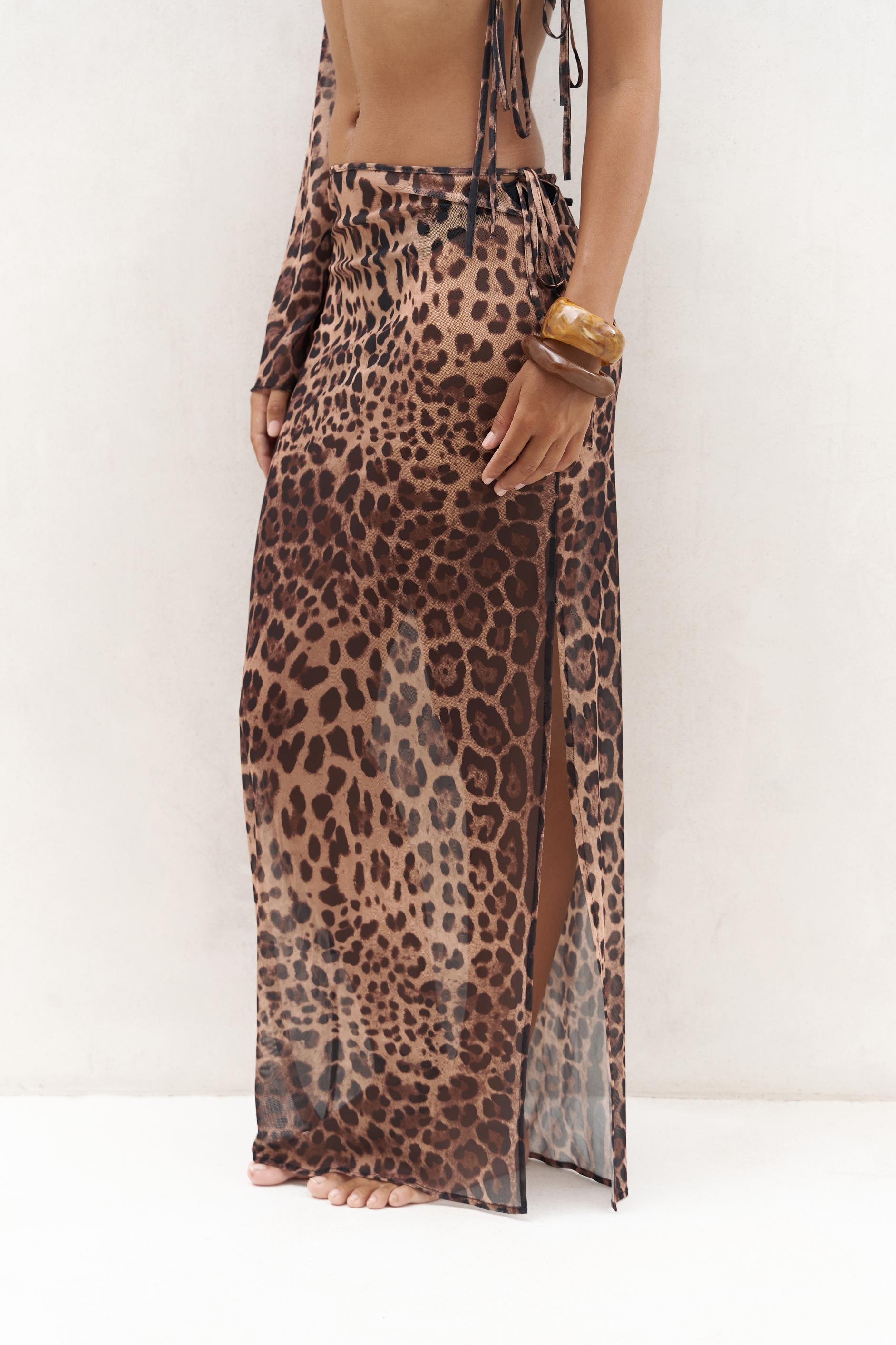 Efthimos Tek Omuz Leopar Desenli Crop Etek Takım 