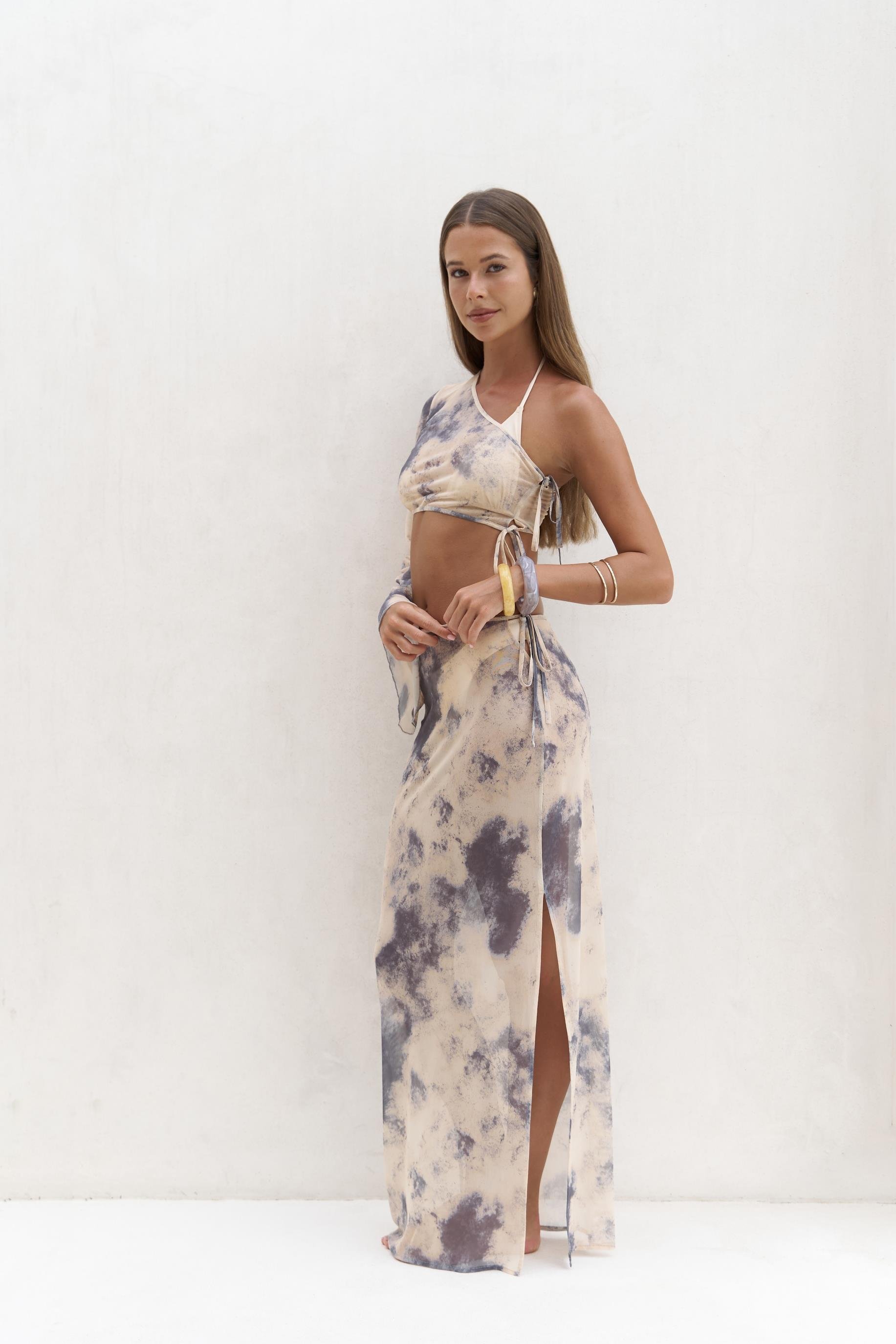 Efthimos Tek Omuz Sarı Crop Etek Takım