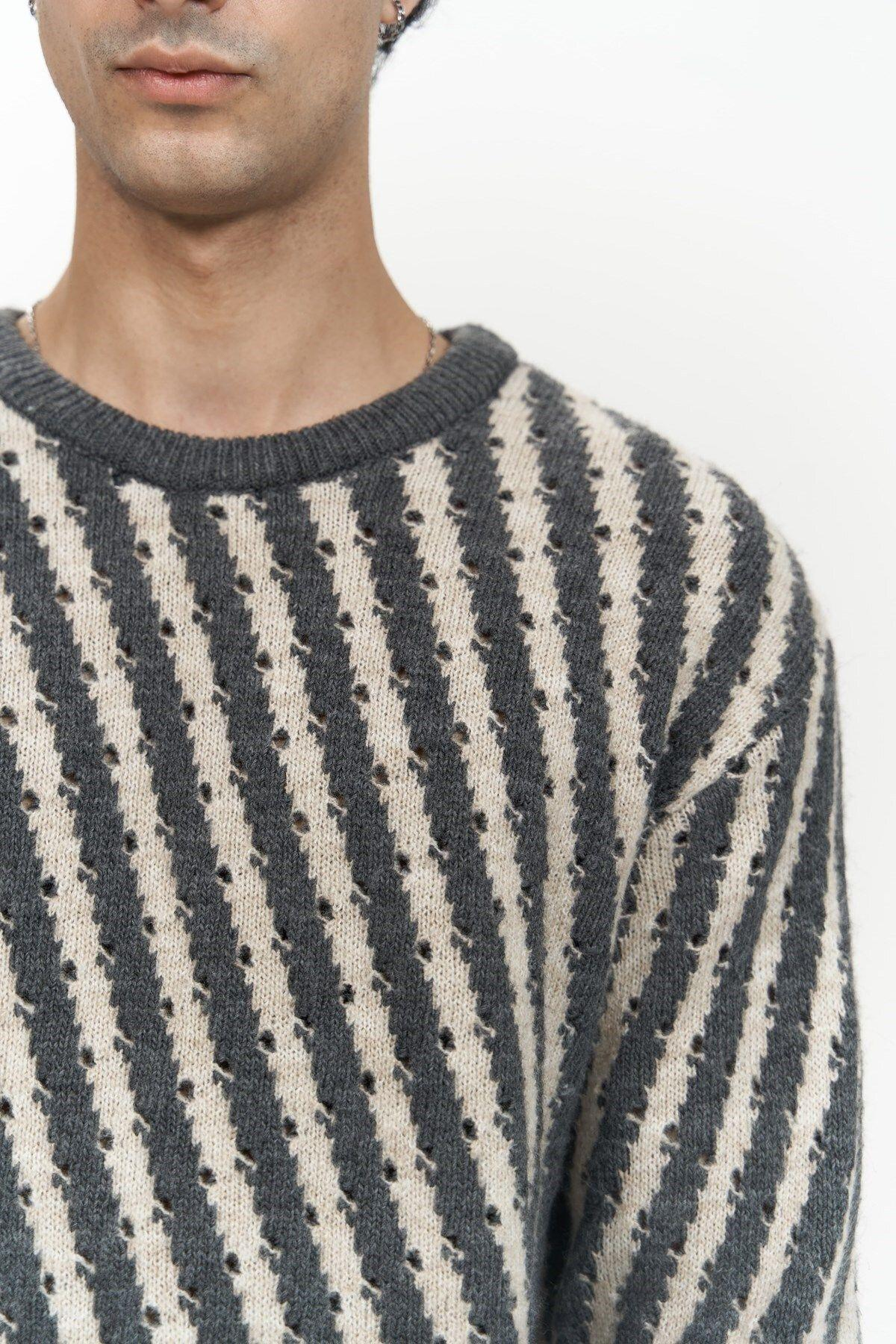 Elijah Şeritli Antrasit Erkek Triko Kazak