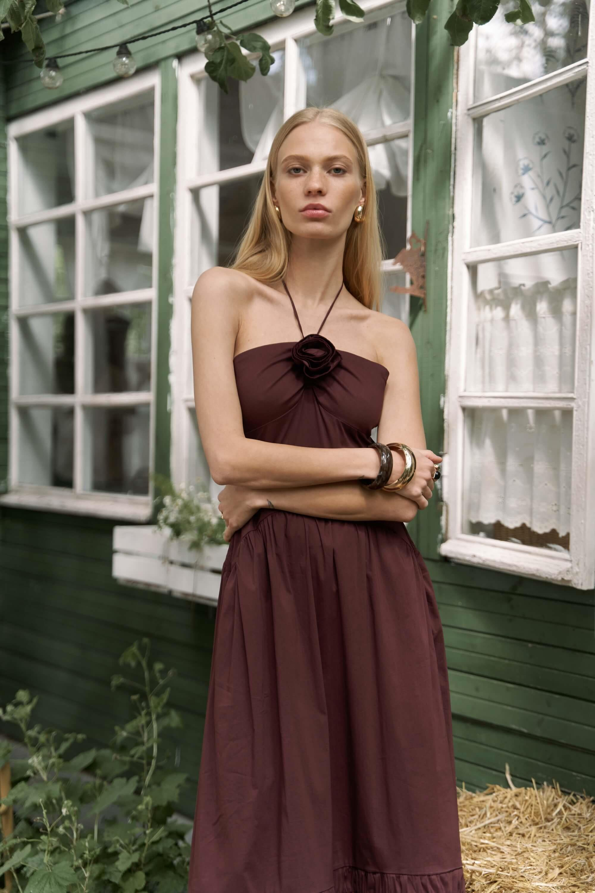 Elisa Gül Detay Bordo Uzun Elbise