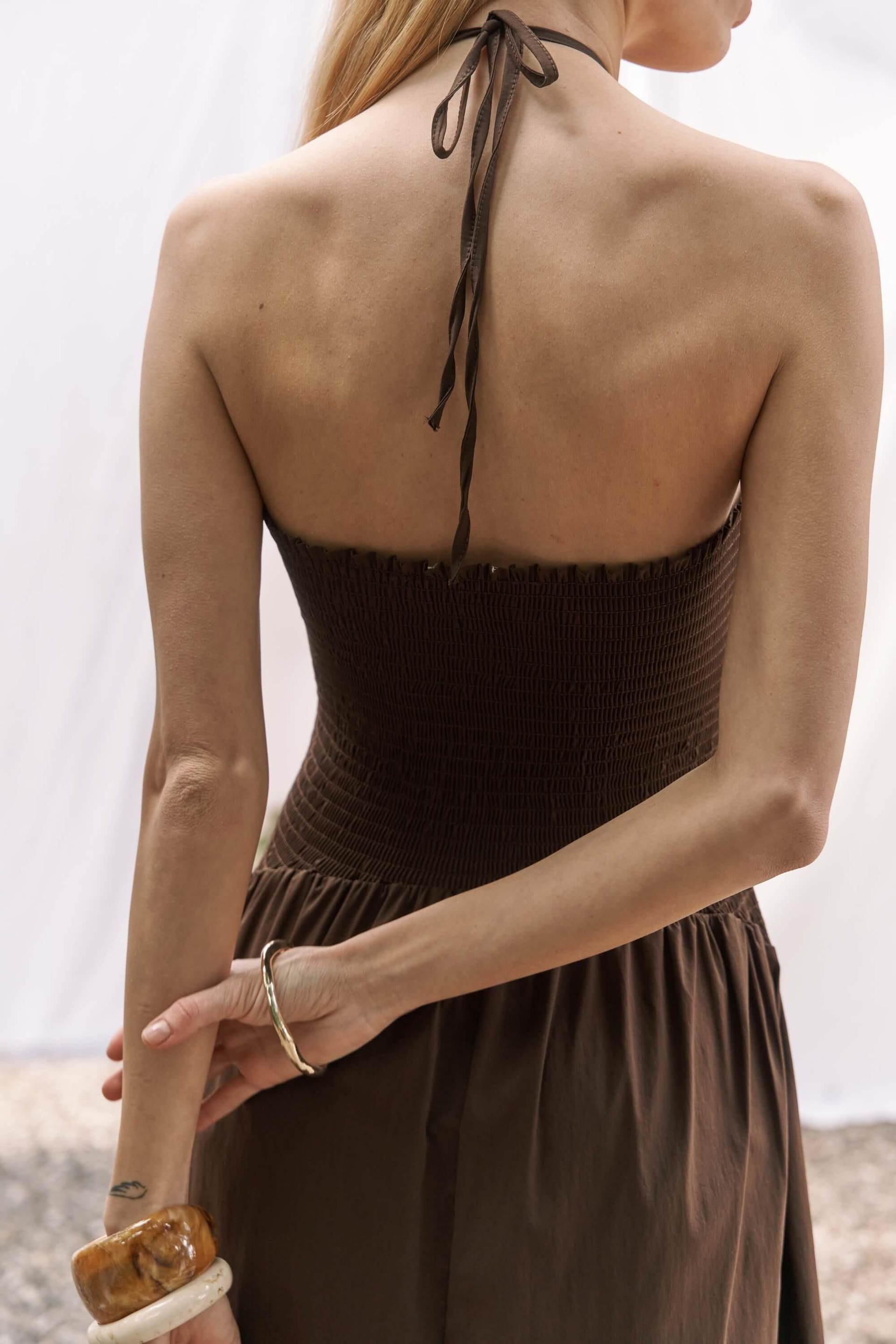 Elisa Gül Detay Koyu Kahve Uzun Elbise