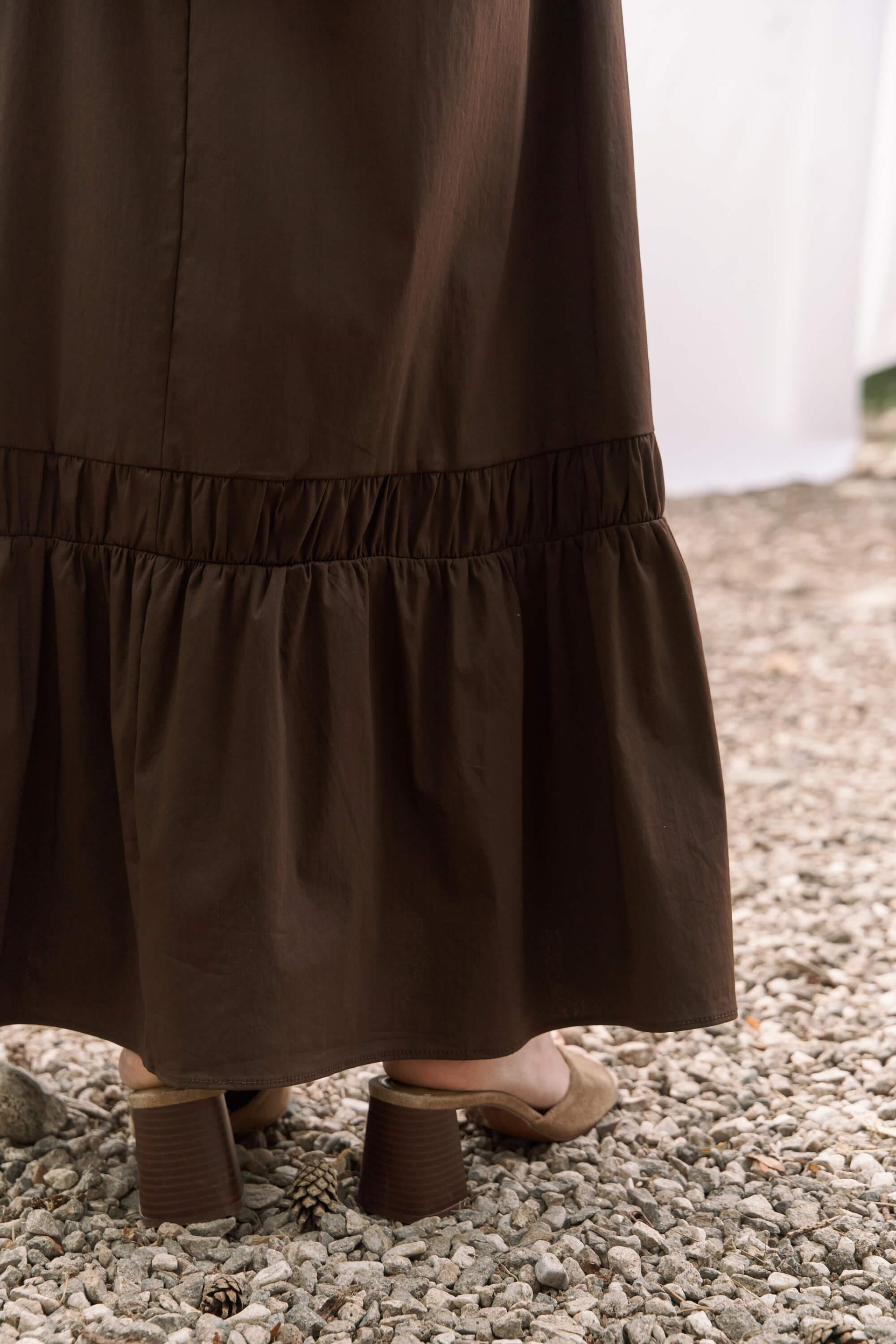 Elisa Gül Detay Koyu Kahve Uzun Elbise