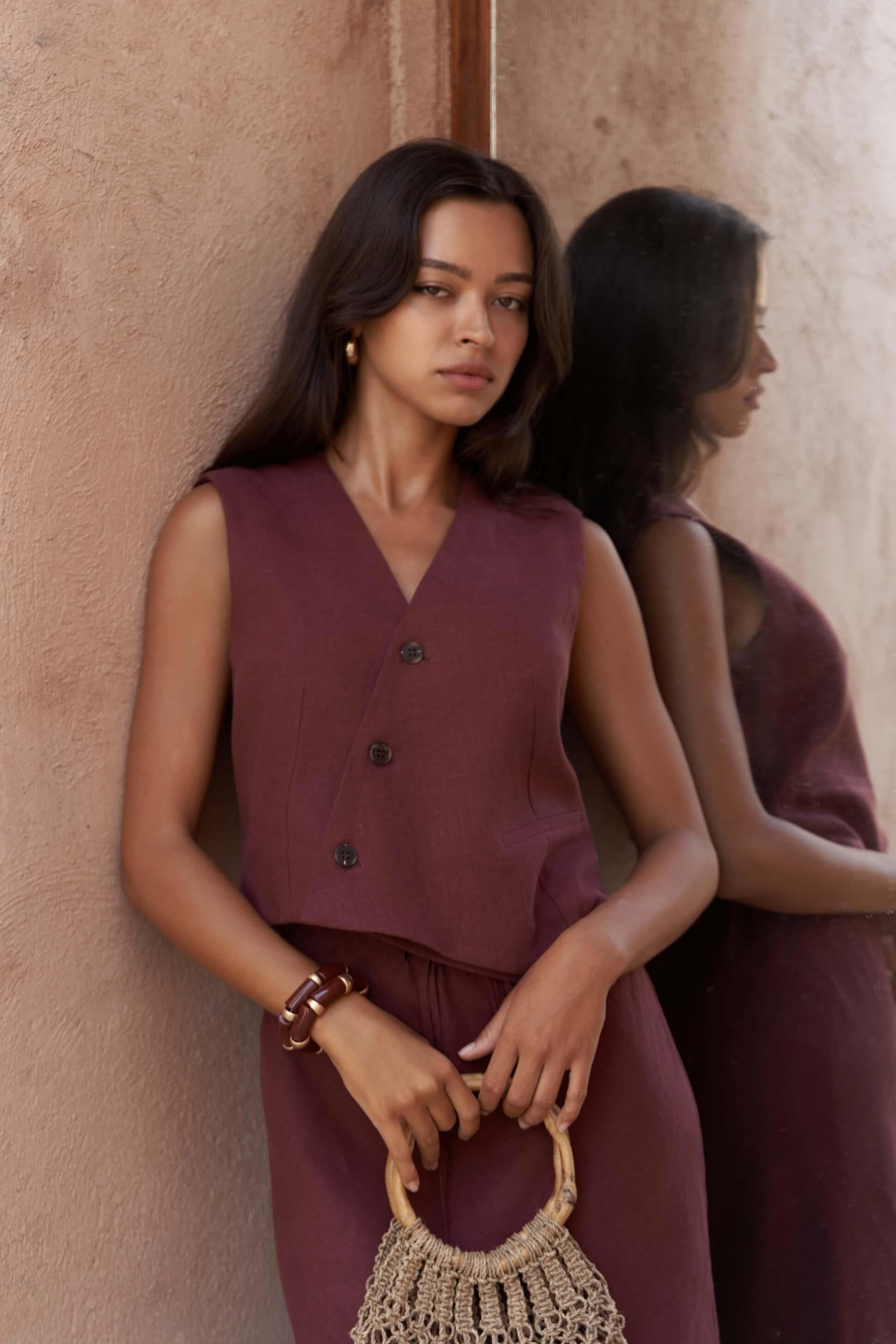 Elod Düğme Detay Bordo Keten Yelek 