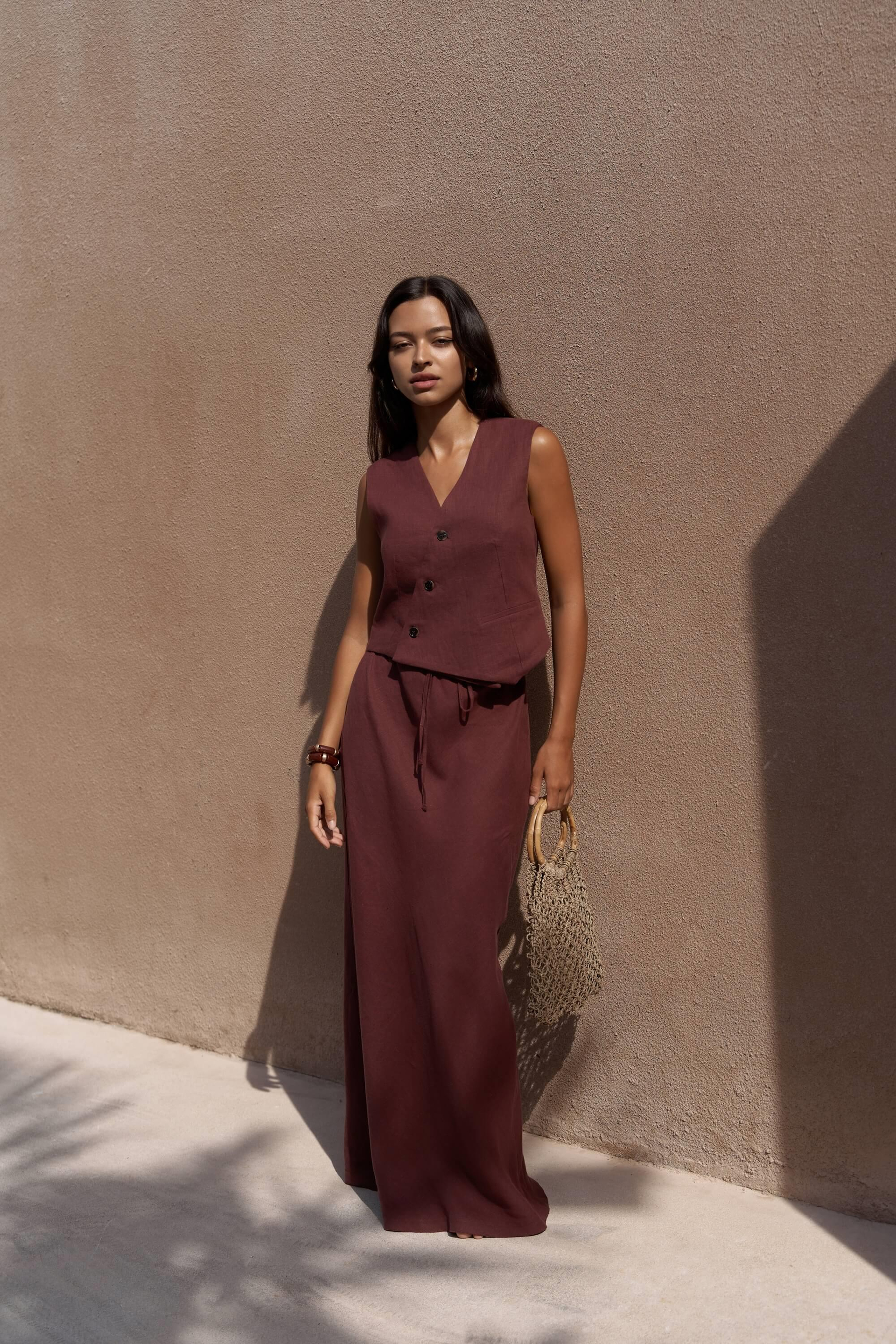 Elod Düğme Detay Bordo Keten Yelek 