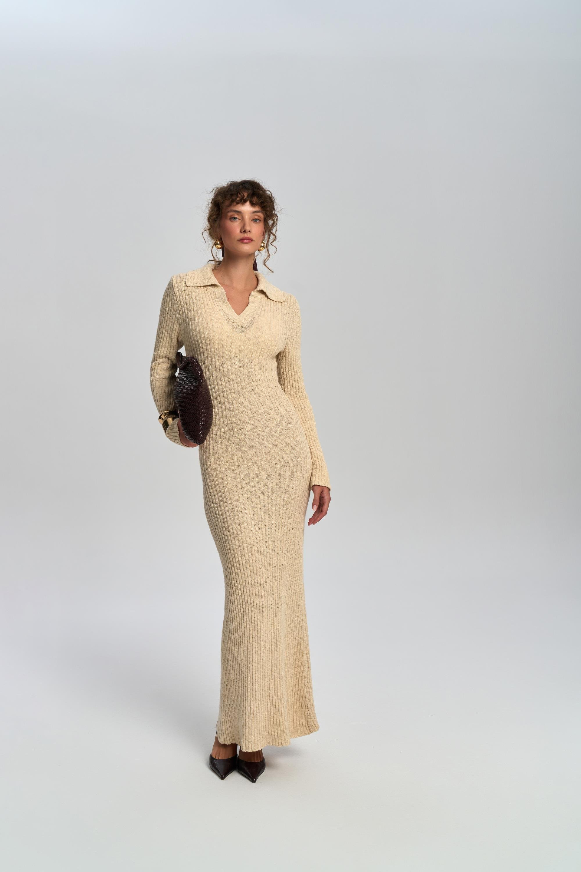 Eloria Polo Yaka Bej Triko Elbise