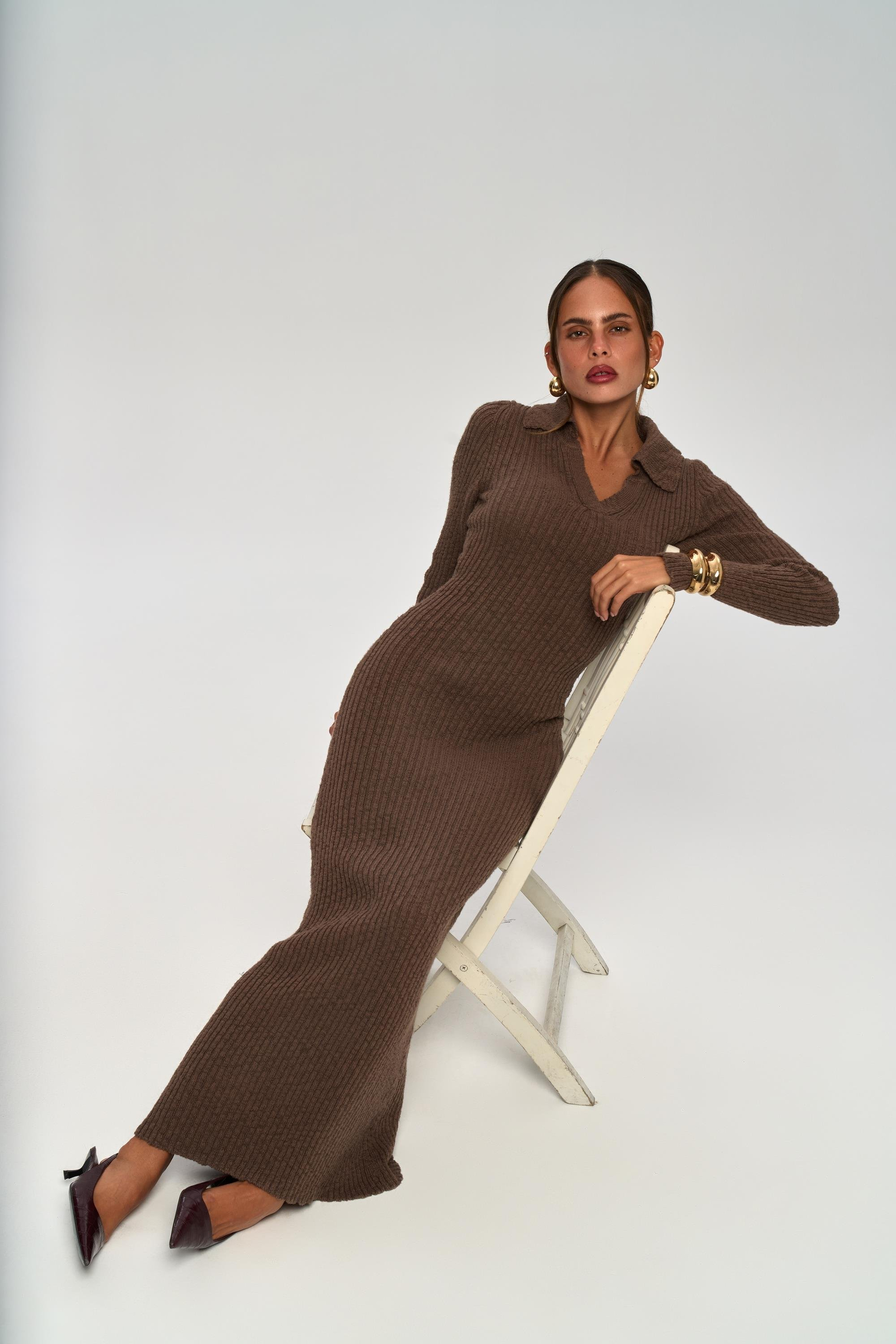 Eloria Polo Yaka Kahve Triko Elbise