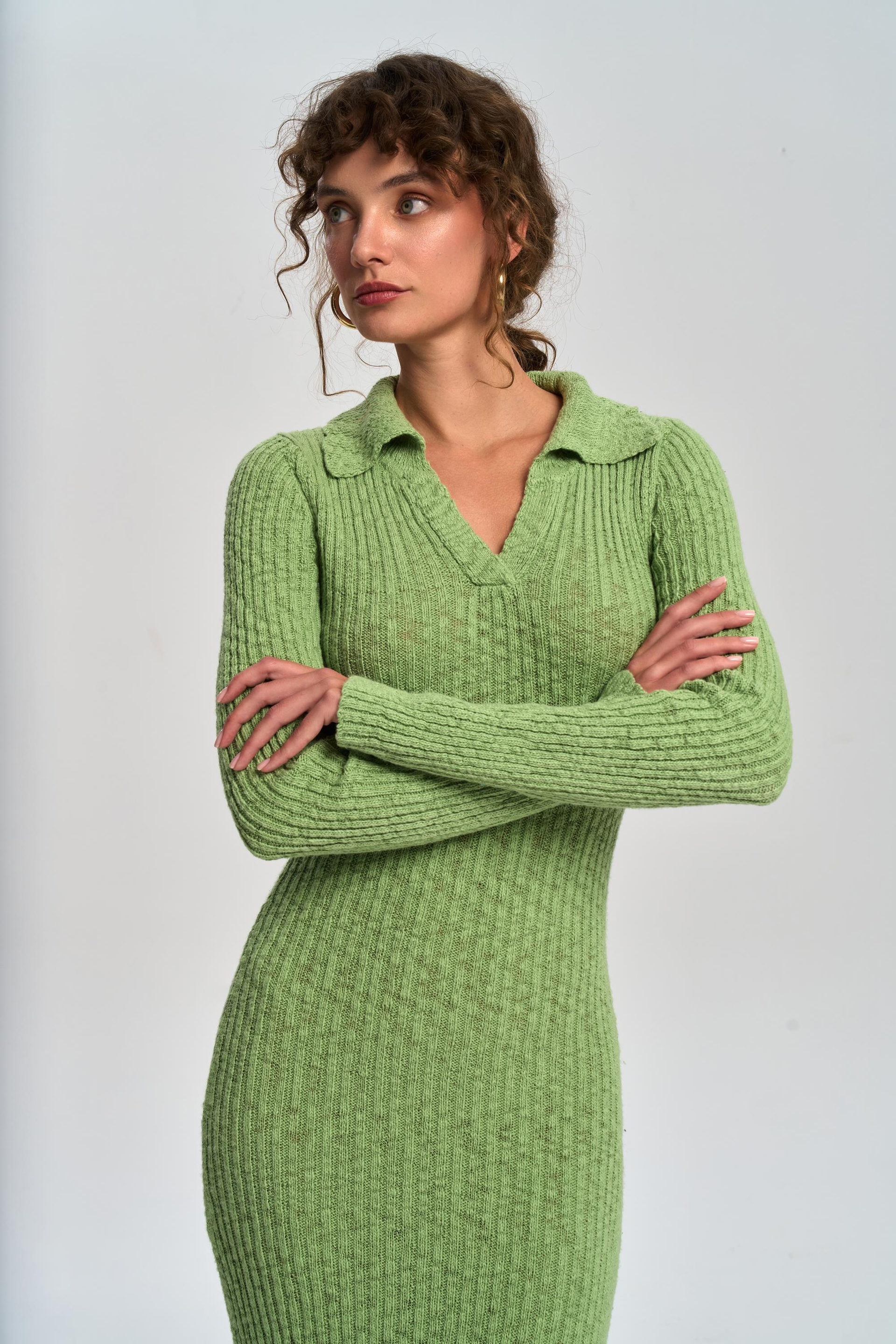 Eloria Polo Yaka Yeşil Triko Elbise