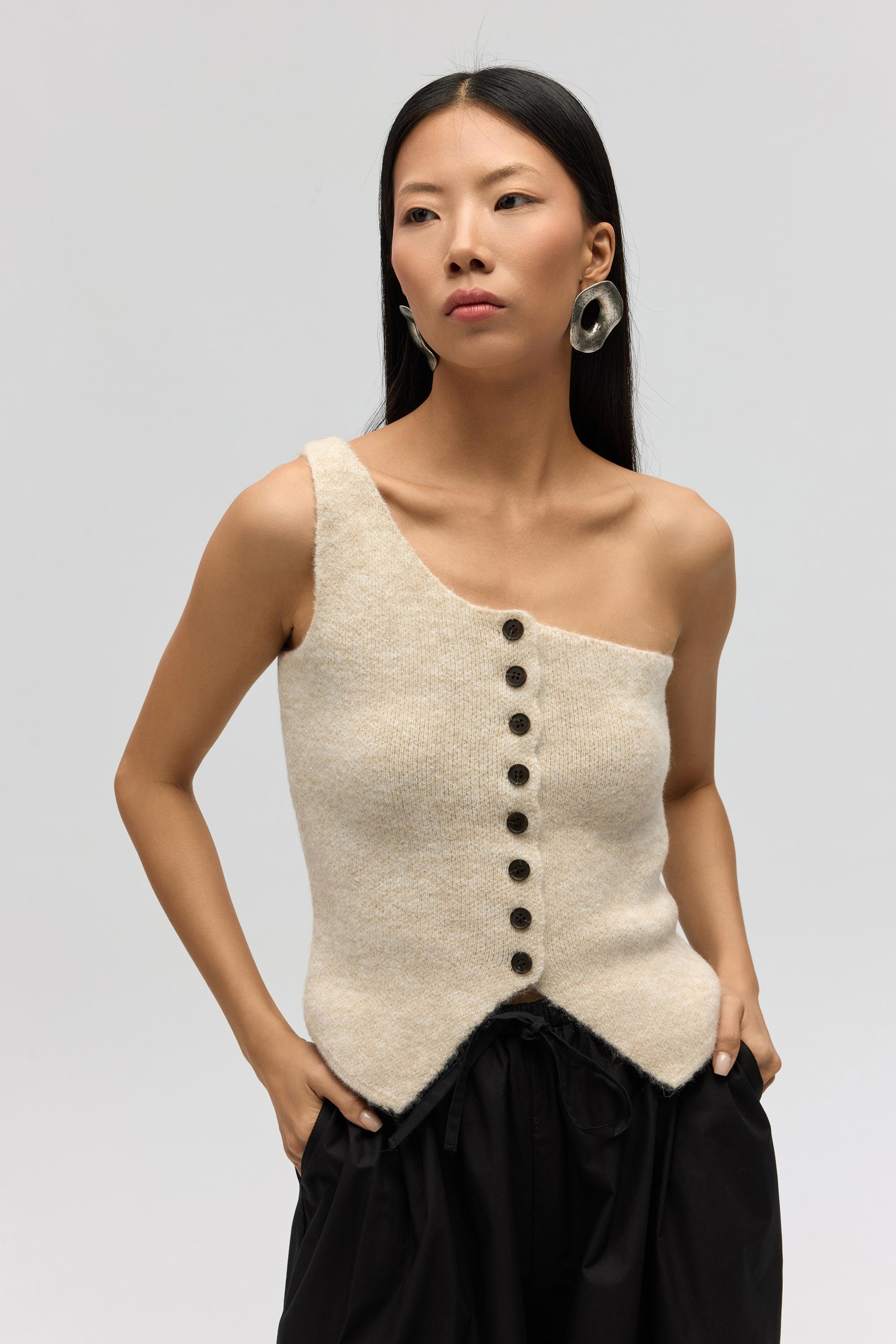 Elvar Tek Omuz Bej Triko Crop