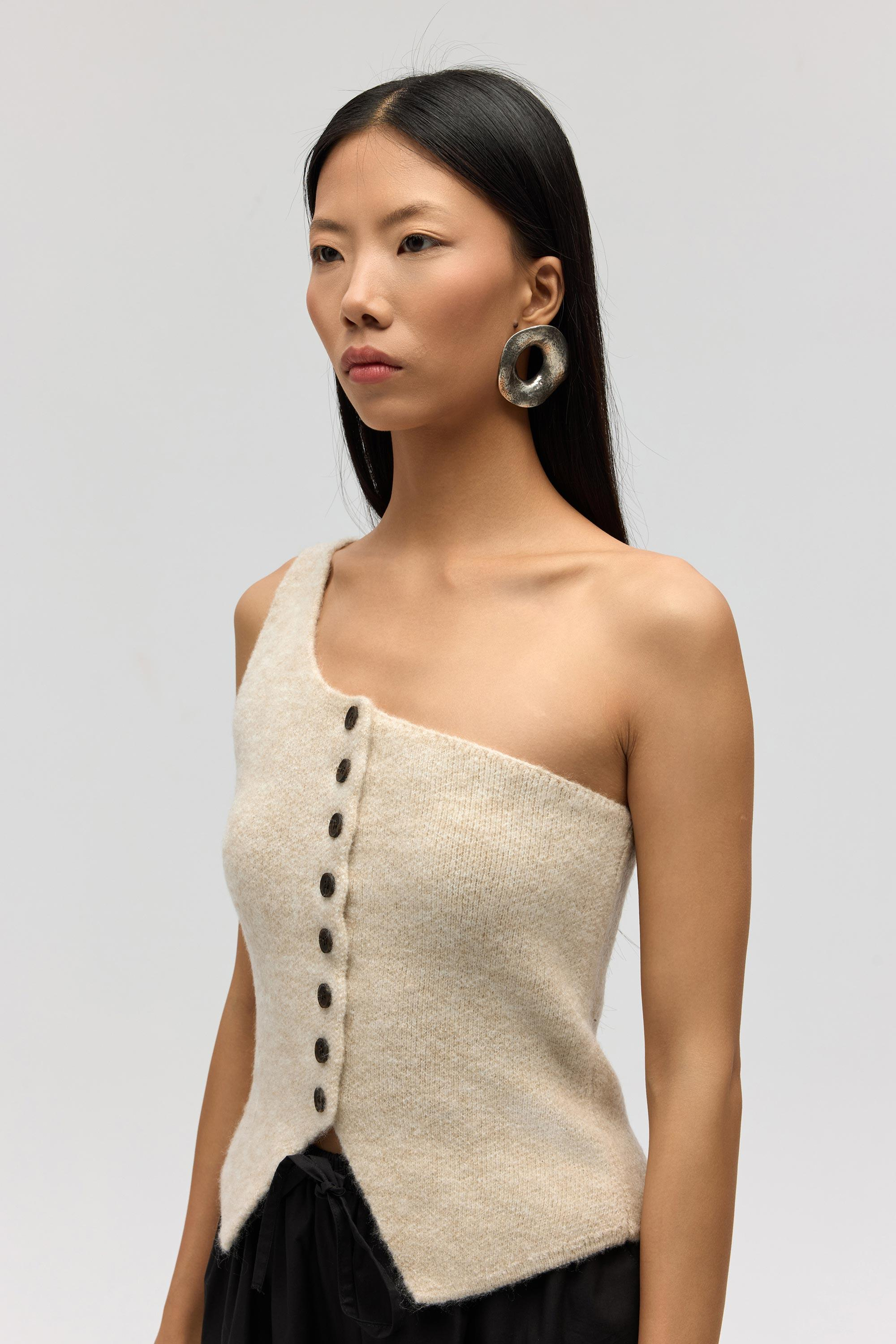 Elvar Tek Omuz Bej Triko Crop