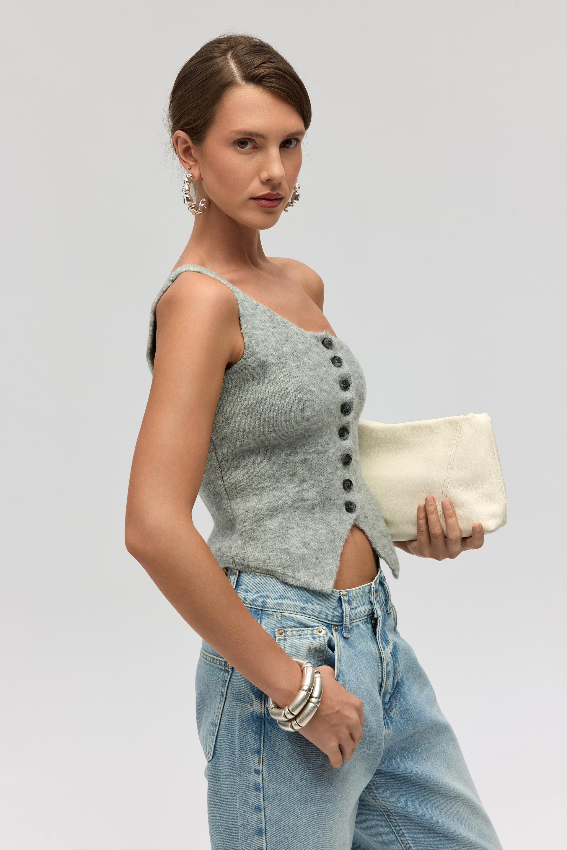 Elvar Tek Omuz Gri Triko Crop