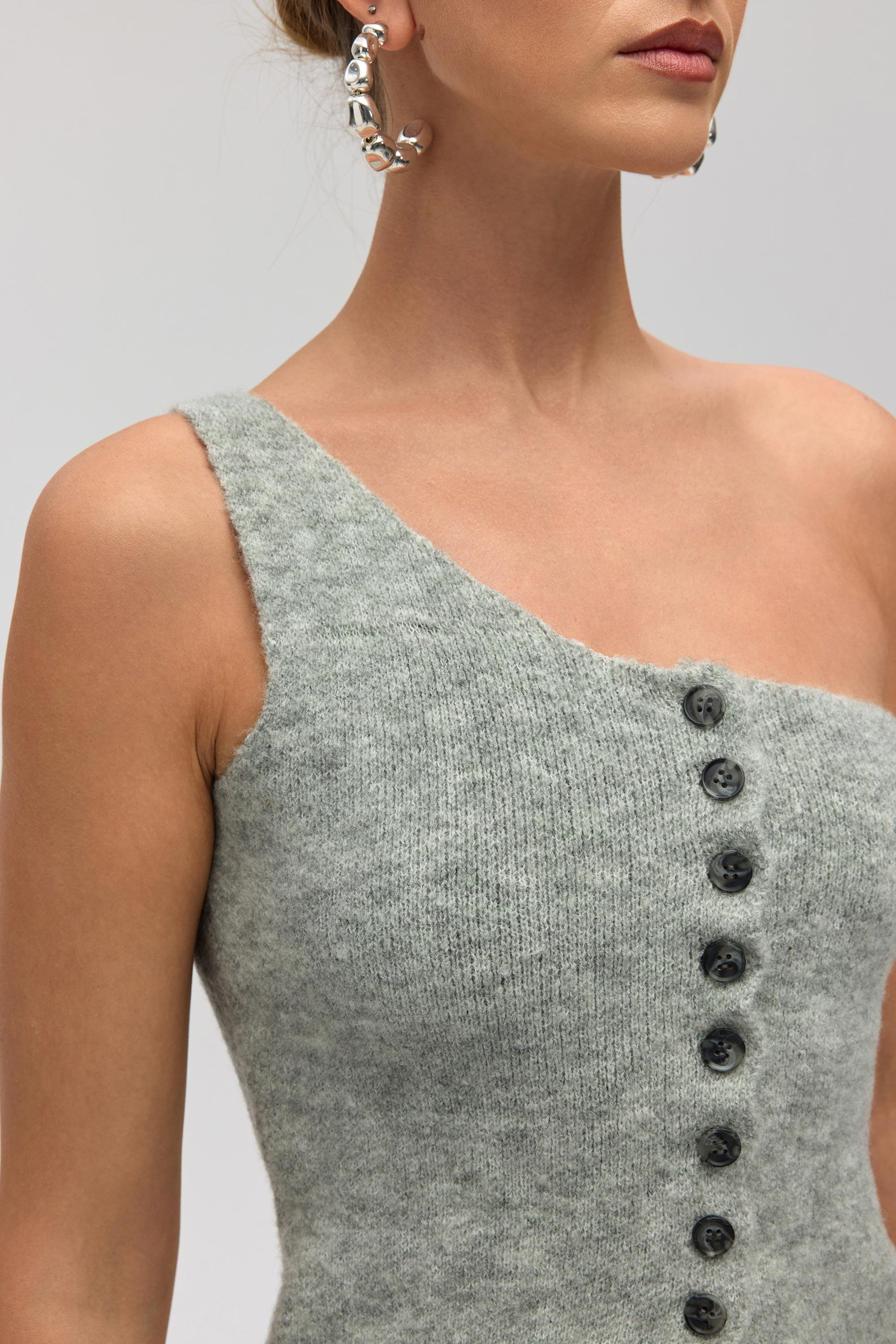 Elvar Tek Omuz Gri Triko Crop