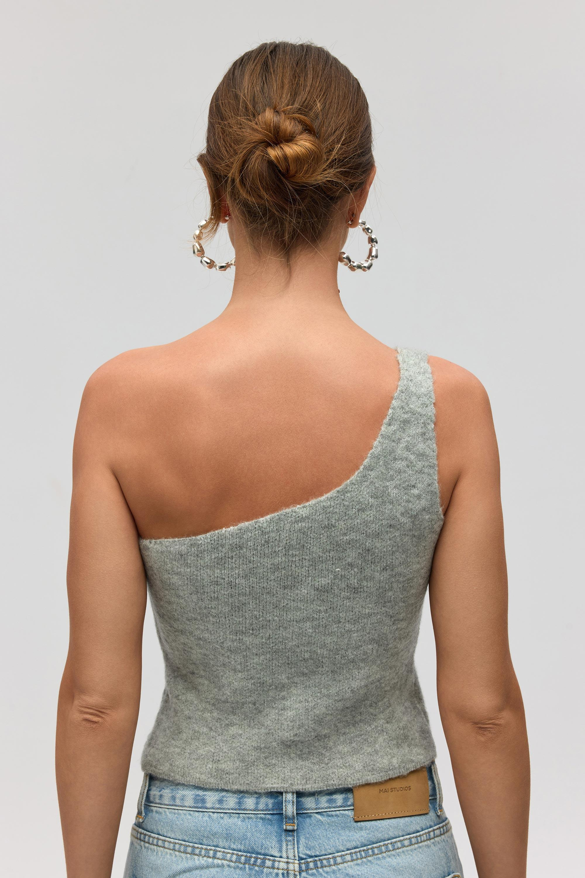 Elvar Tek Omuz Gri Triko Crop