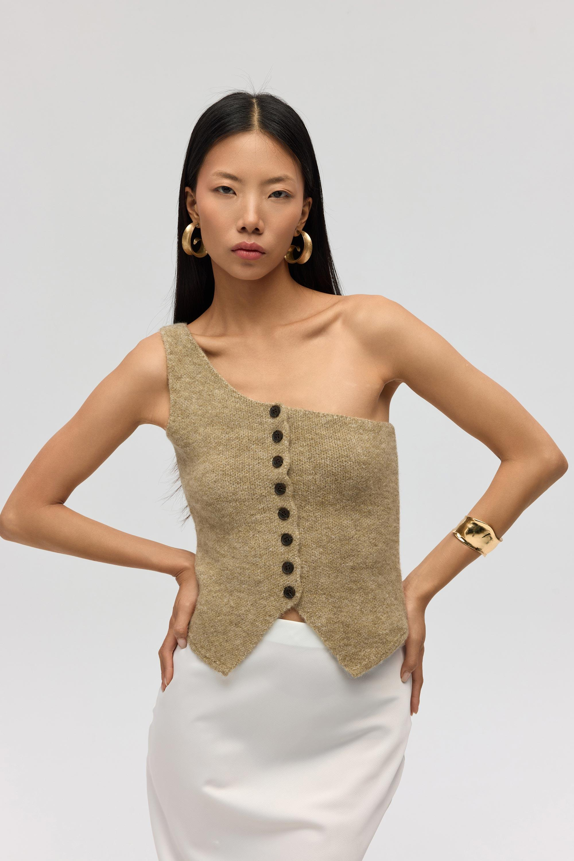 Elvar Tek Omuz Vizon Triko Crop