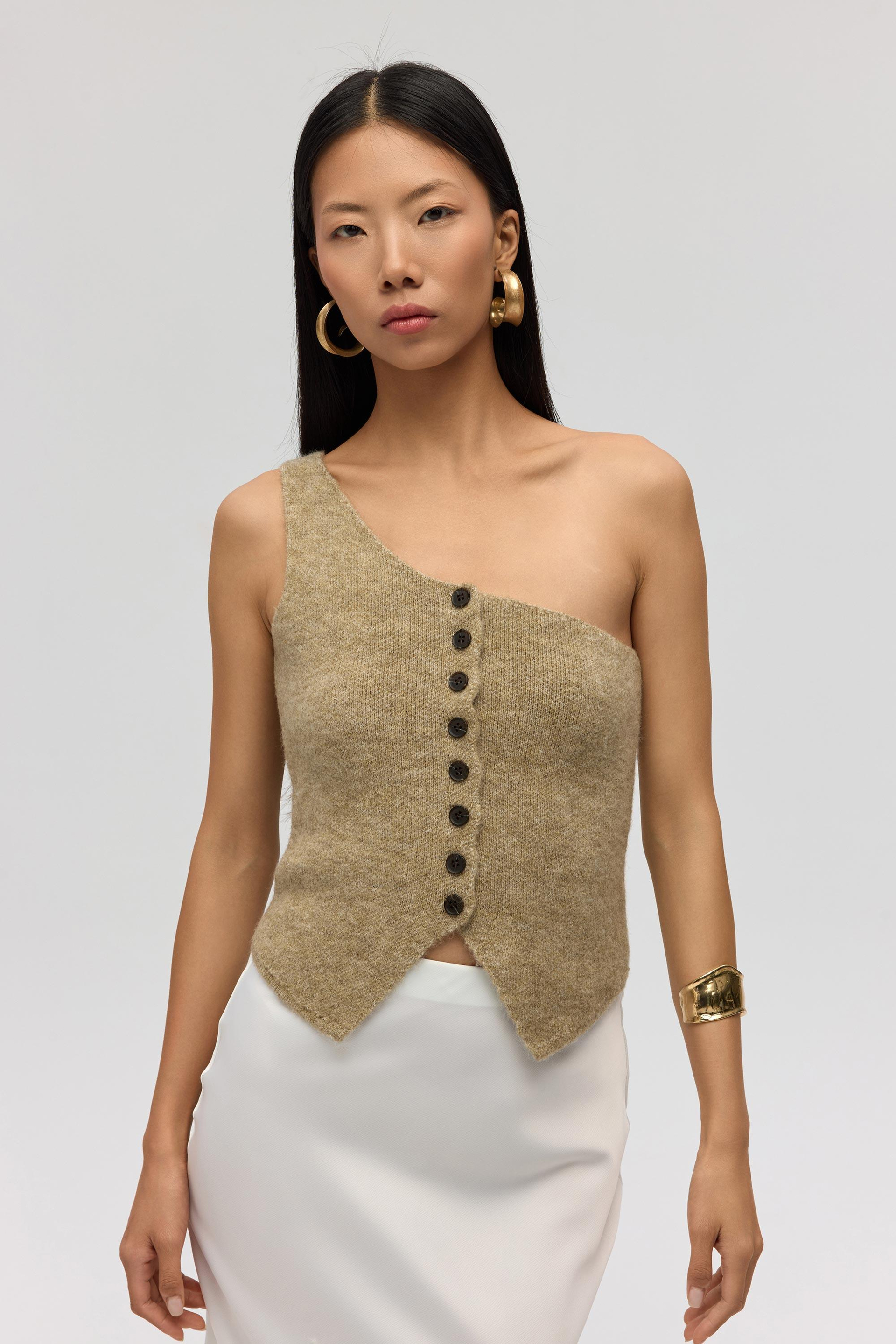 Elvar Tek Omuz Vizon Triko Crop