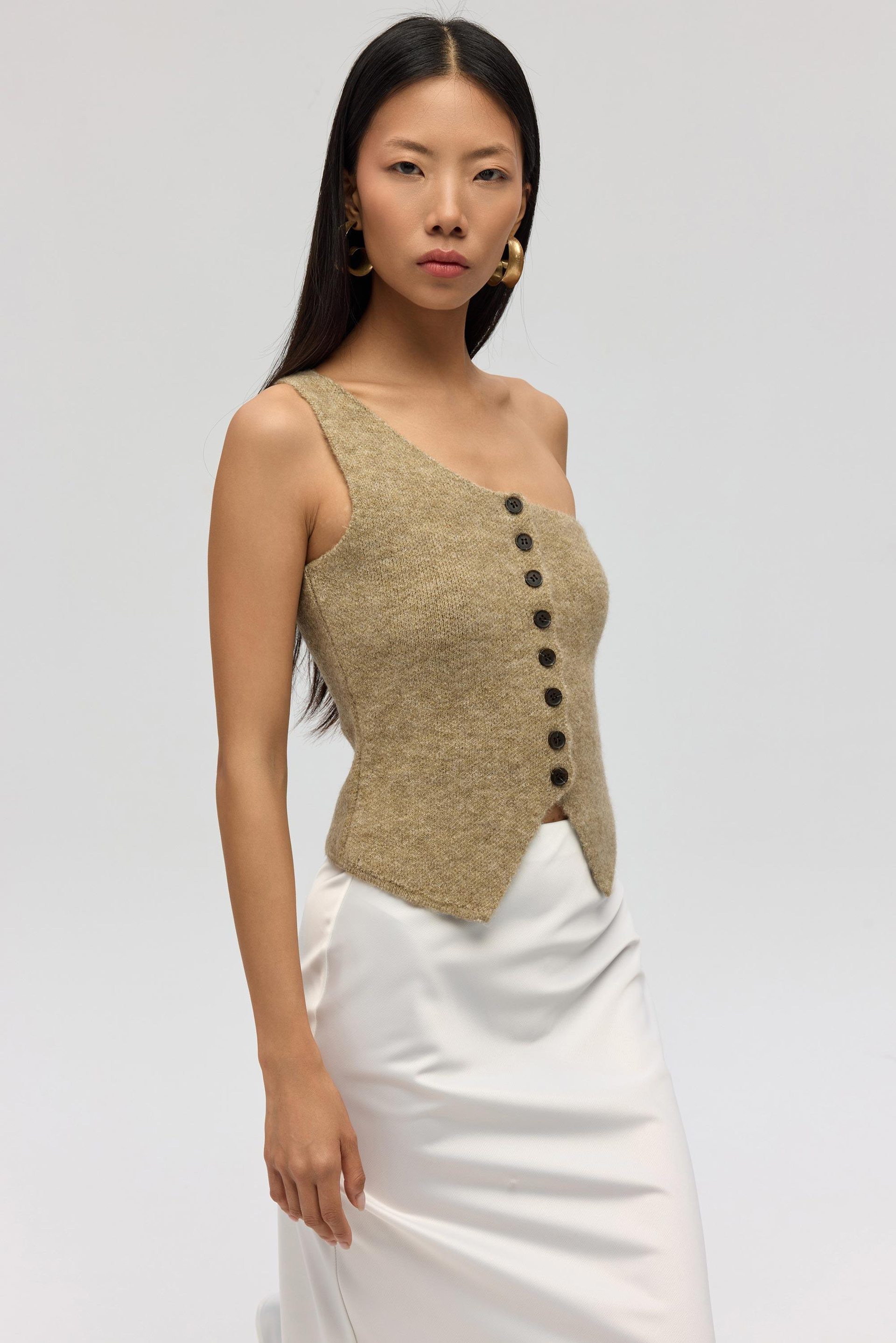 Elvar Tek Omuz Vizon Triko Crop