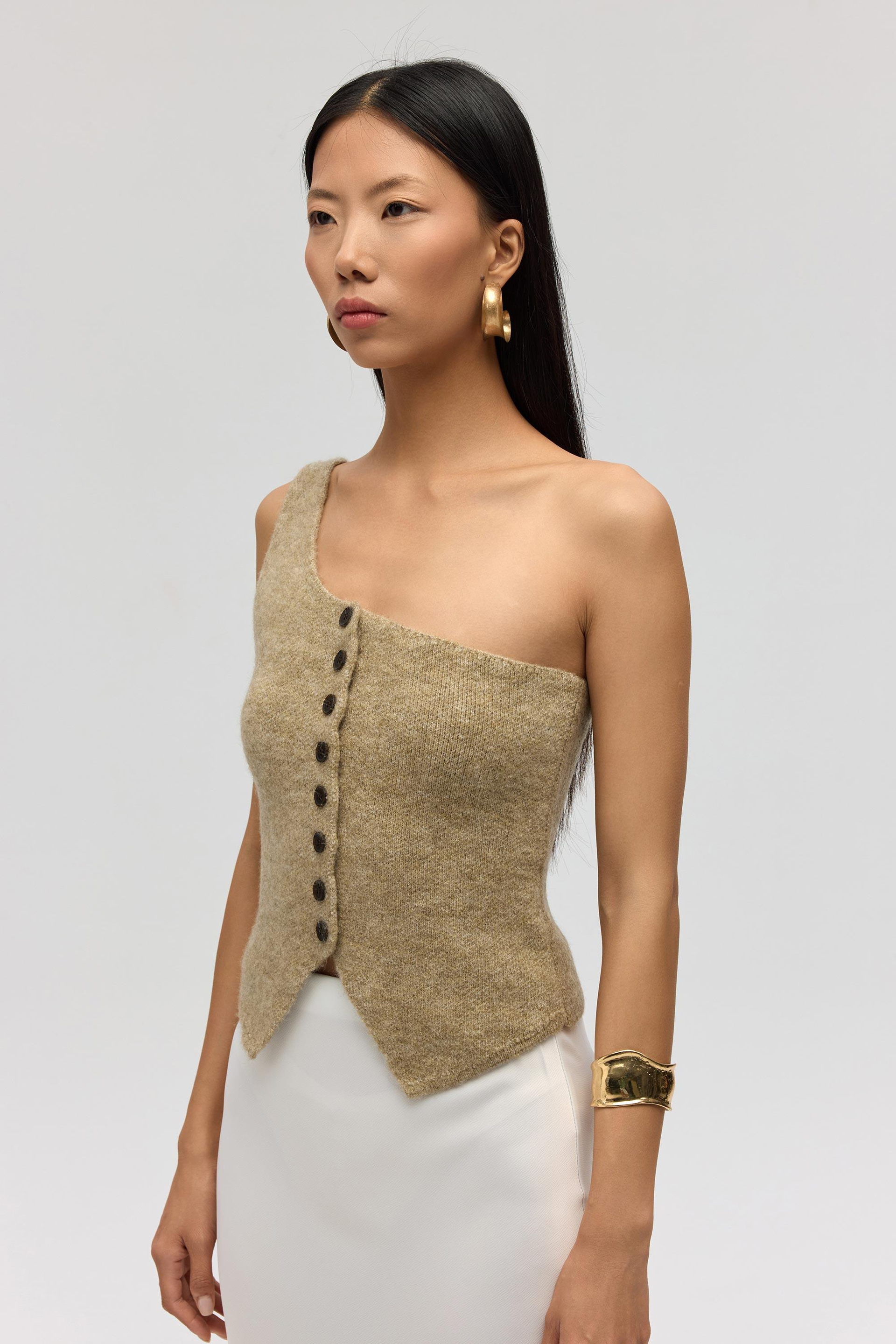 Elvar Tek Omuz Vizon Triko Crop