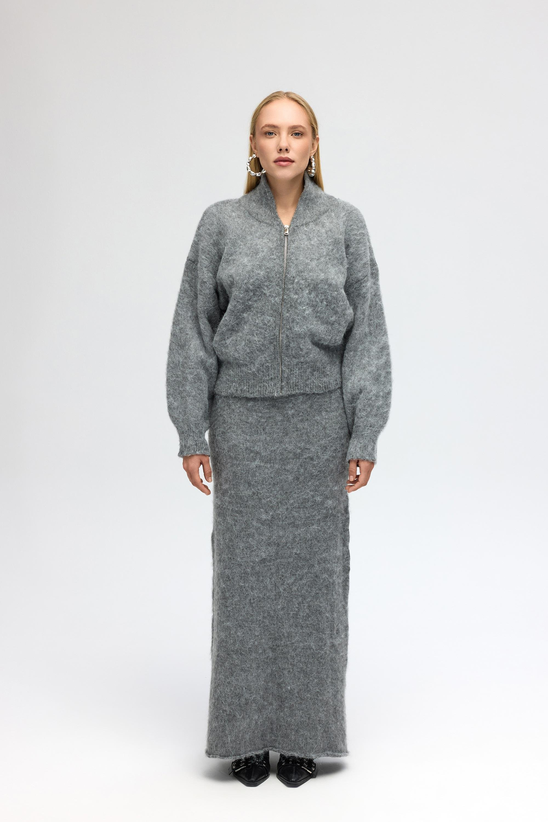 Eskara Fermuarlı Gri Triko Hırka