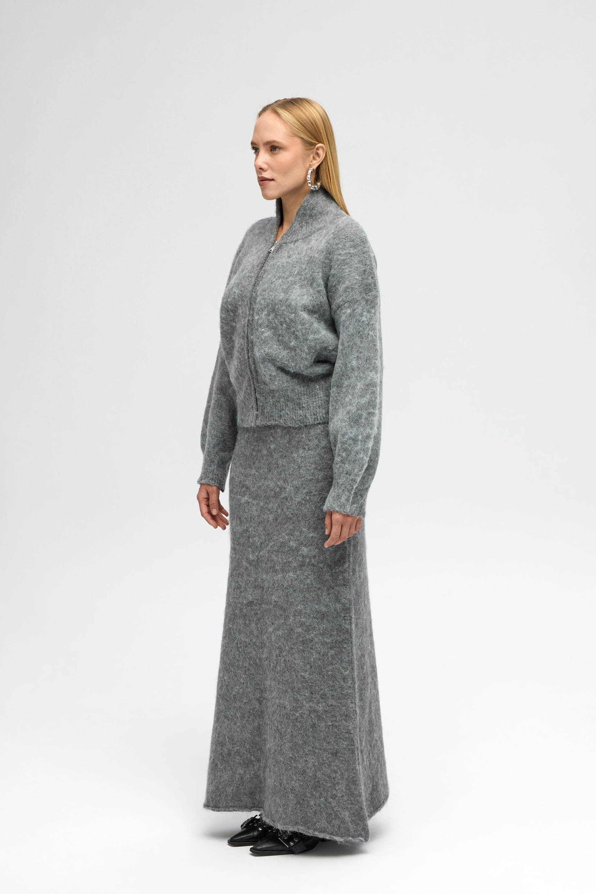 Eskara Fermuarlı Gri Triko Hırka