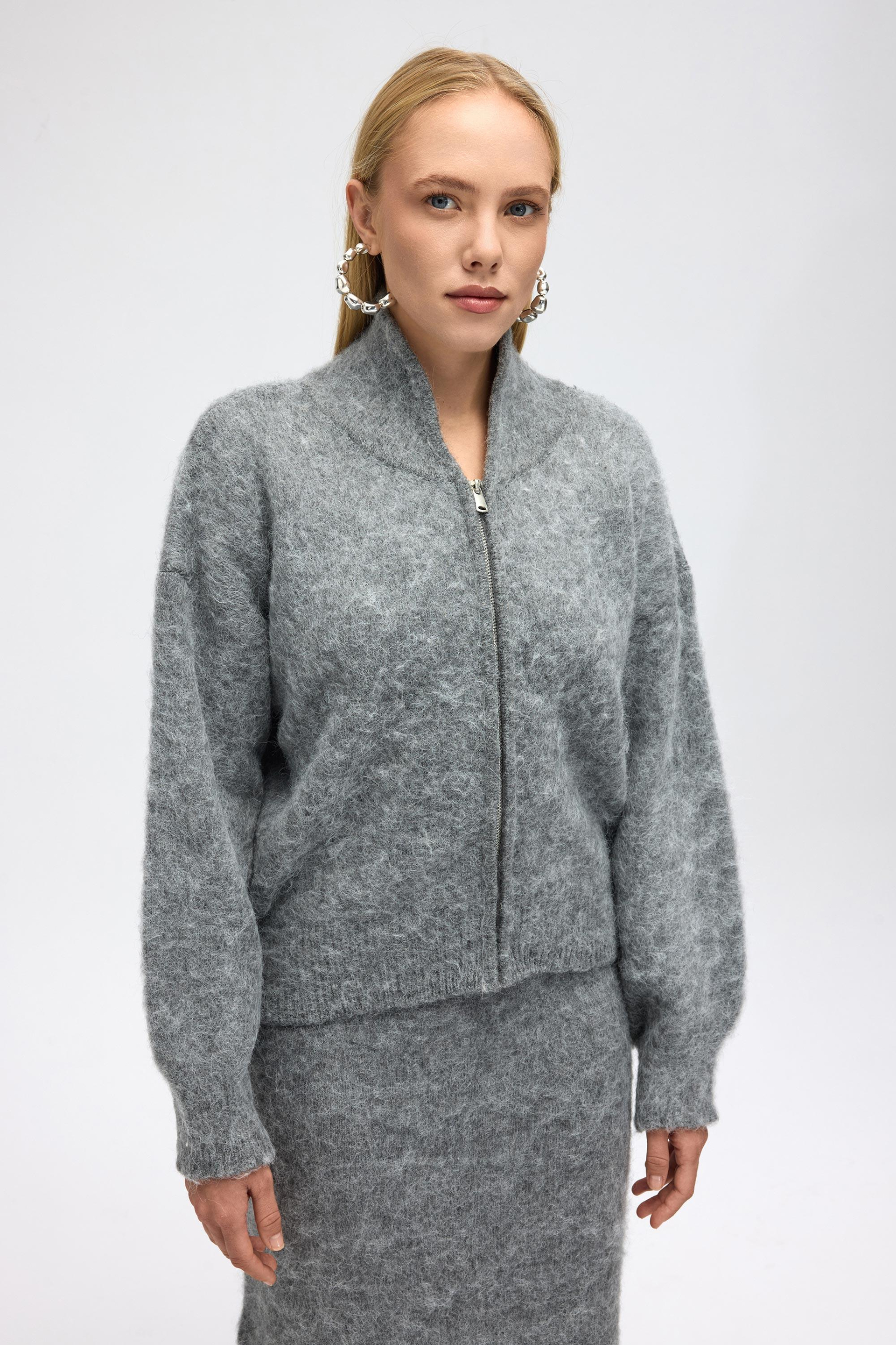 Eskara Fermuarlı Gri Triko Hırka