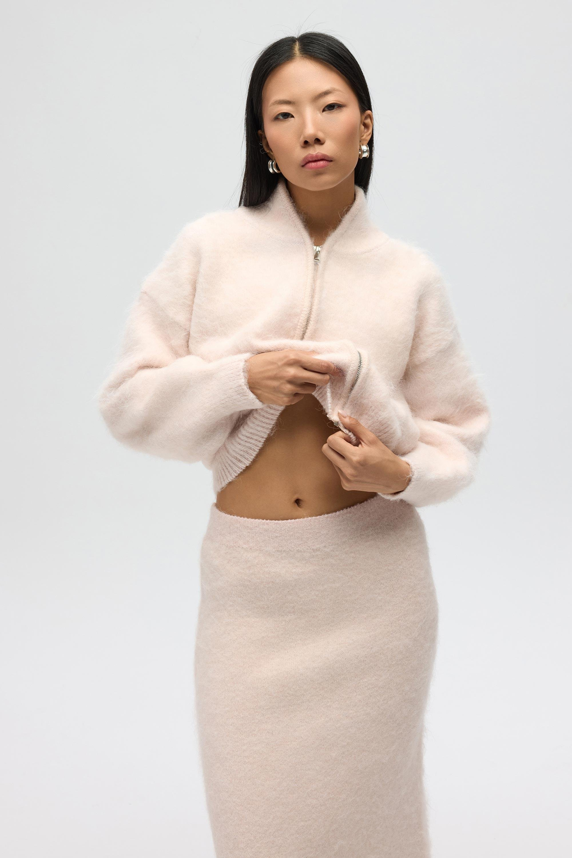 Eskara Fermuarlı Pembe Triko Hırka