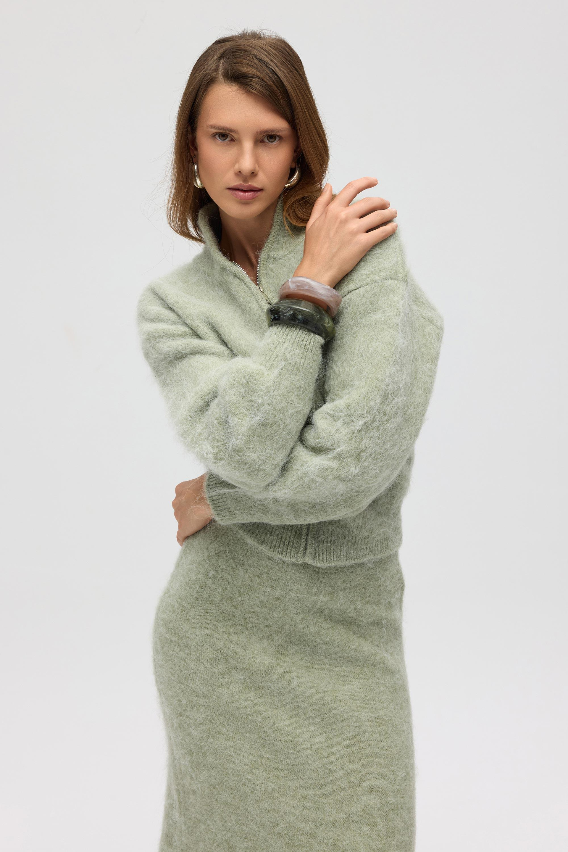 Eskara Fermuarlı Yeşil Triko Hırka