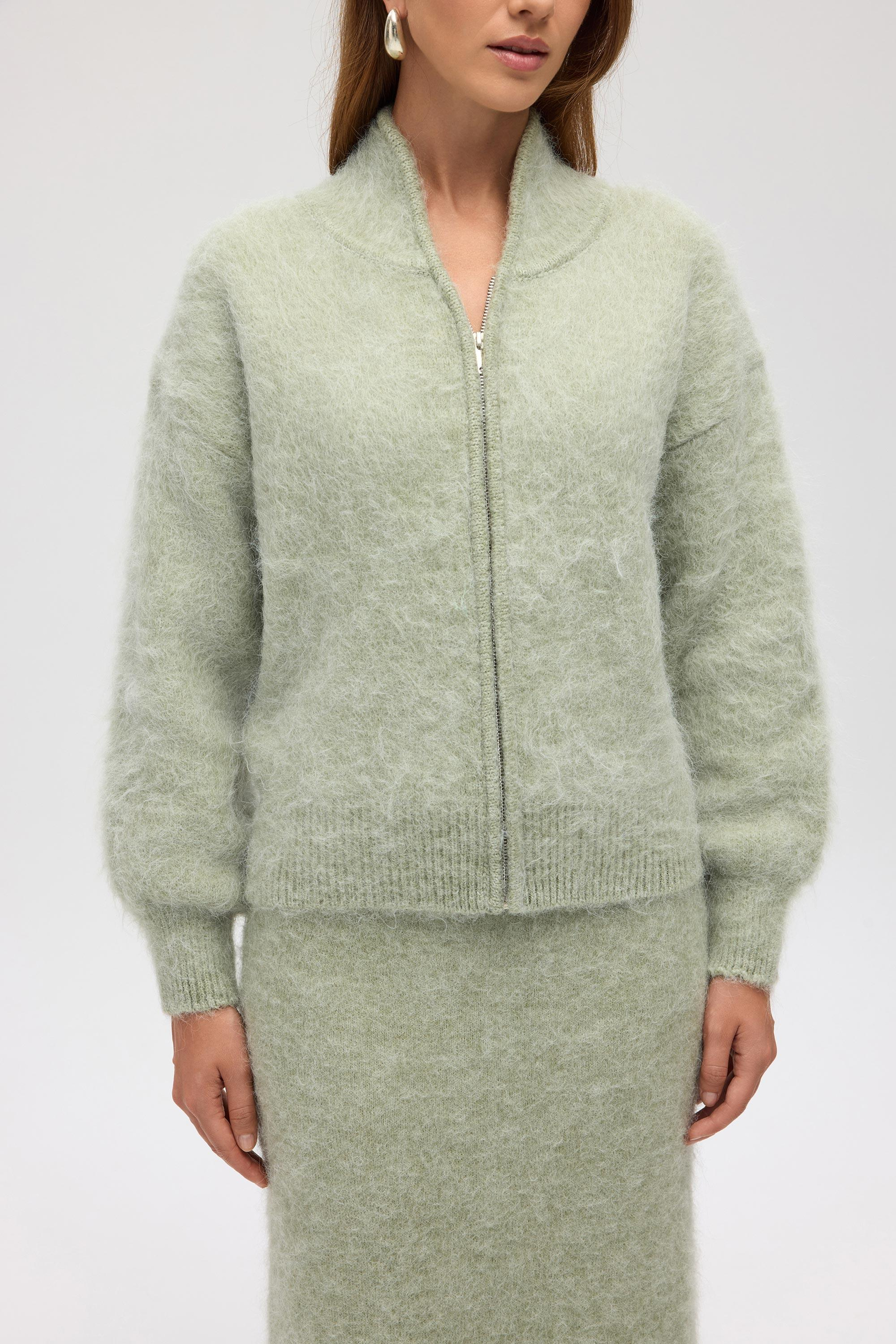 Eskara Fermuarlı Yeşil Triko Hırka