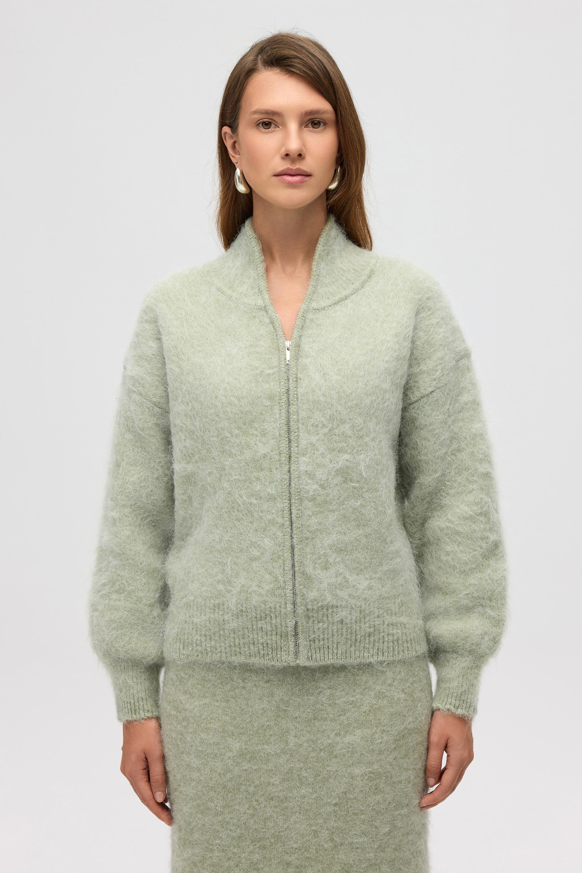 Eskara Fermuarlı Yeşil Triko Hırka