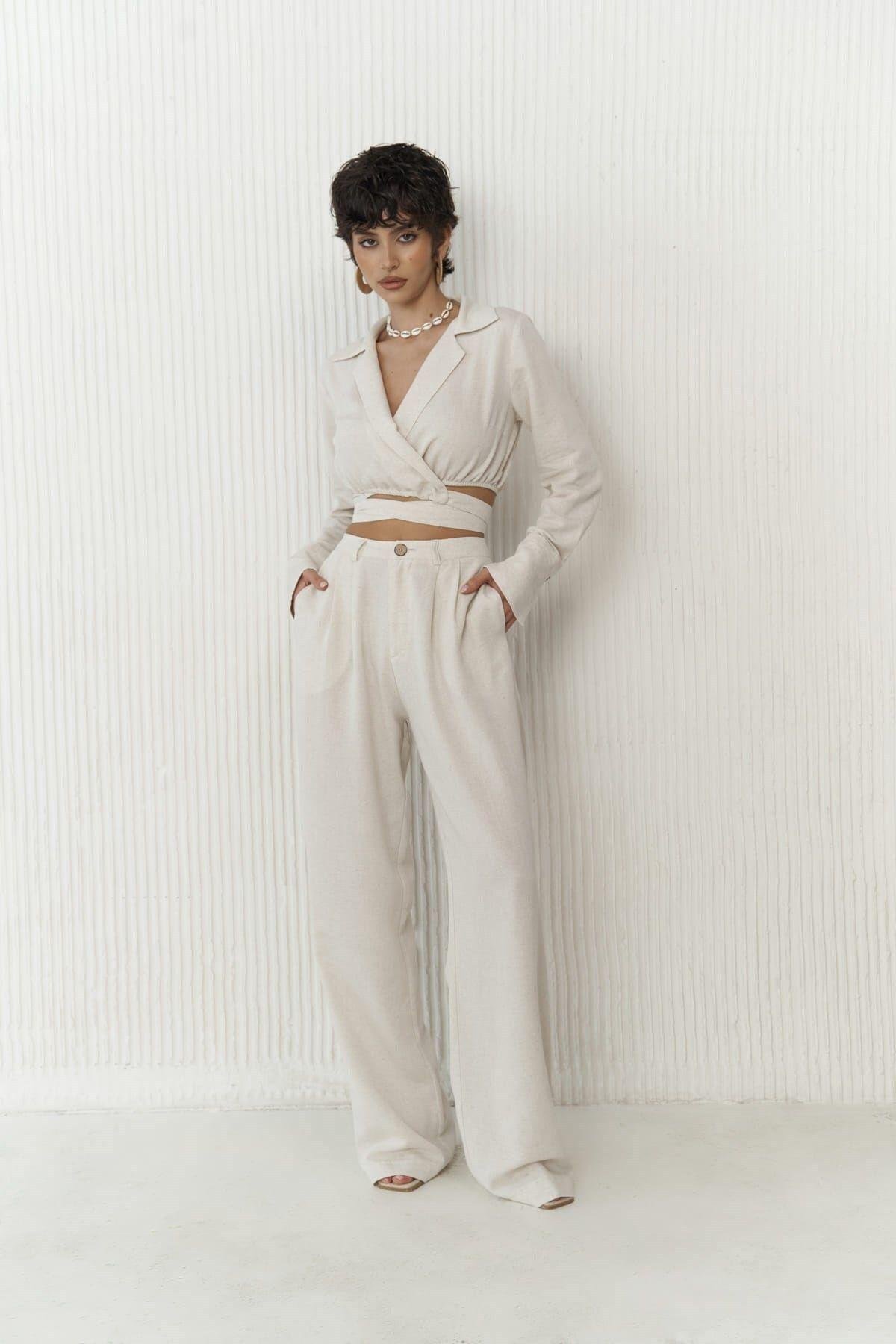 Estila Beige Crop&Trousers Set   