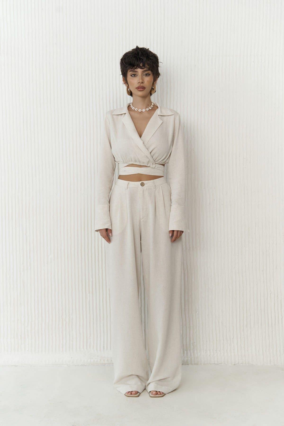 Estila Beige Crop&Trousers Set   